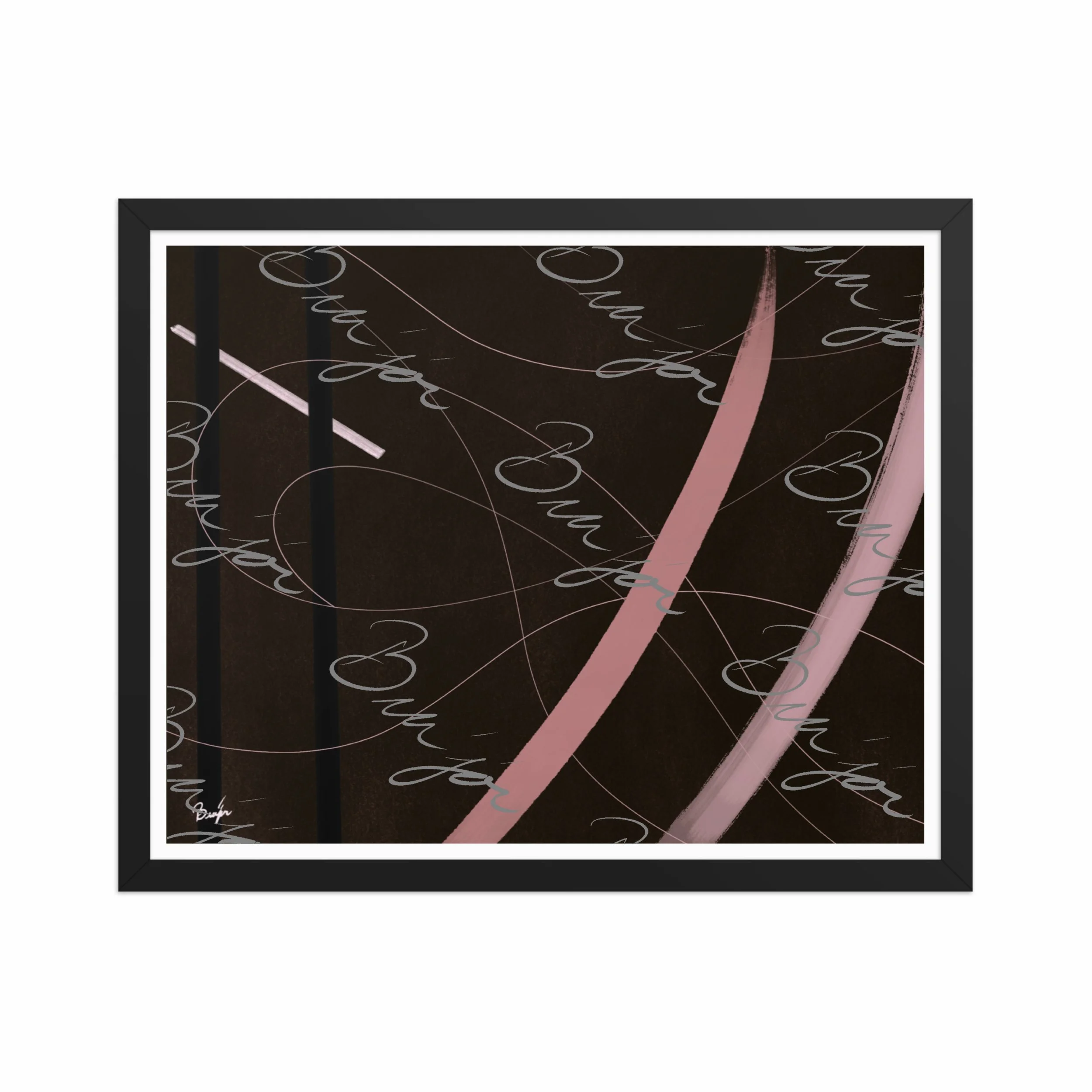16x20 Black Framed abstract artwork titled Beholder designed by the digital abstract artist Bra'jor. Artwork includes the colors Brown, Pink, Black, and White