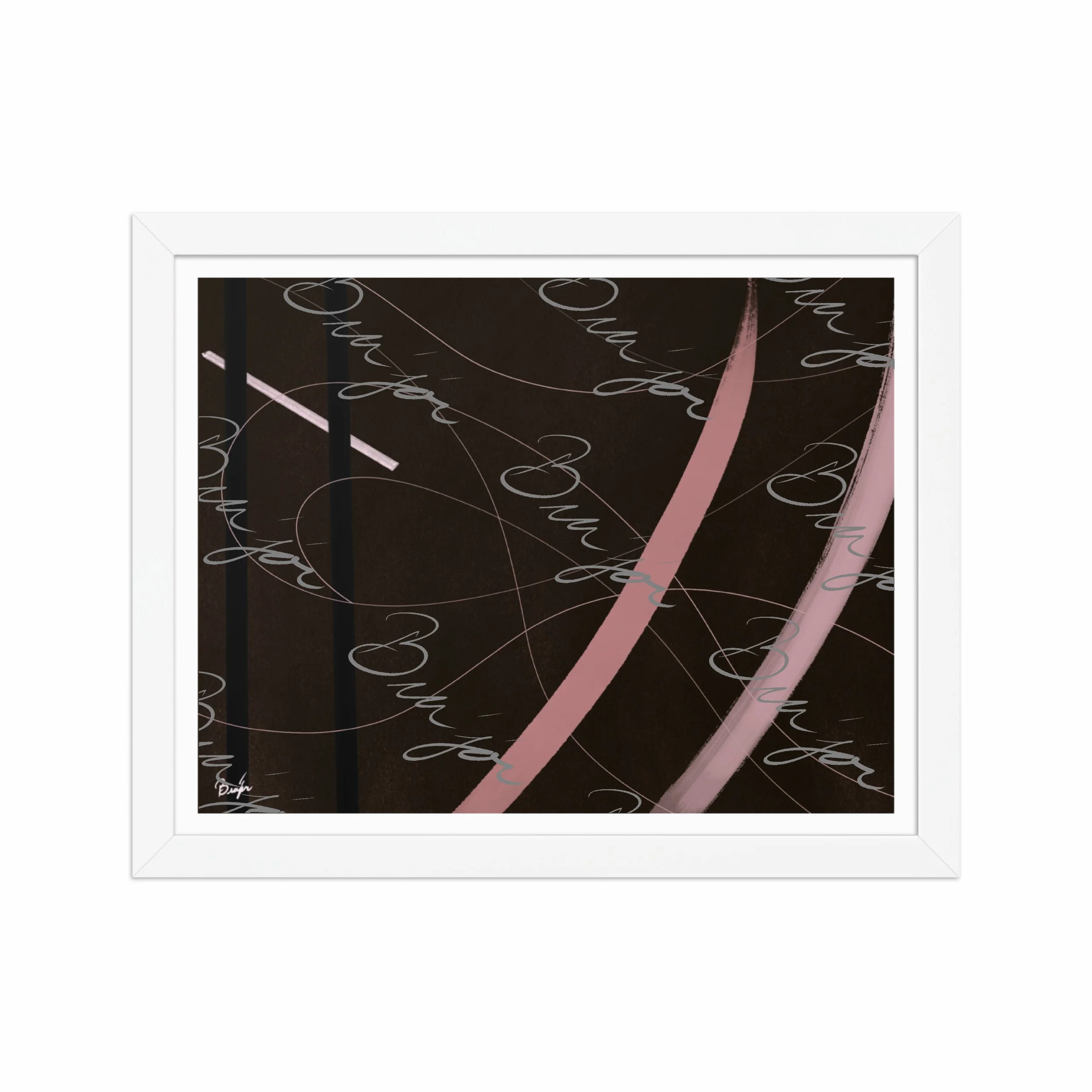 11x14 White Framed abstract artwork titled Beholder designed by the digital abstract artist Bra'jor. Artwork includes the colors Brown, Pink, Black, and White