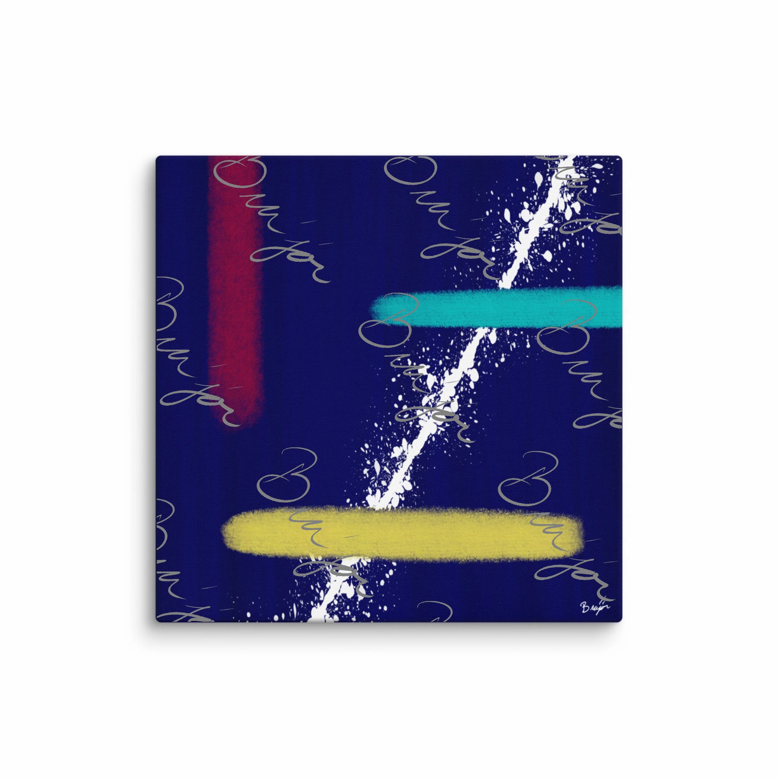 37x37 XL Canvas abstract artwork titled Act II designed by the digital abstract artist Bra'jor. Artwork includes the colors Blue, Red, Yellow, and White