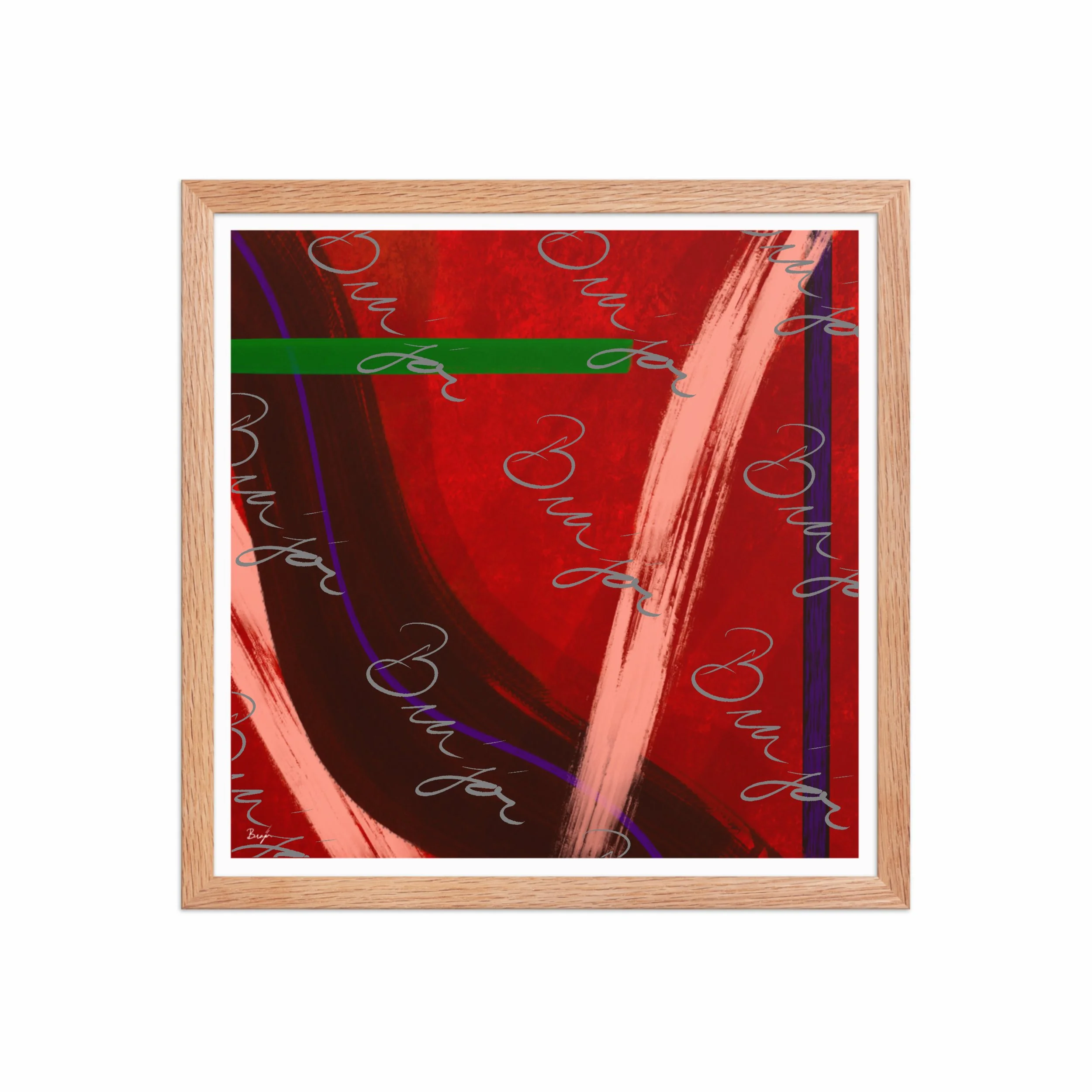 16x16 Red Oak Framed abstract artwork titled Feelings designed by the digital abstract artist Bra'jor. Artwork includes the colors Red, Orange, Purple, and Green