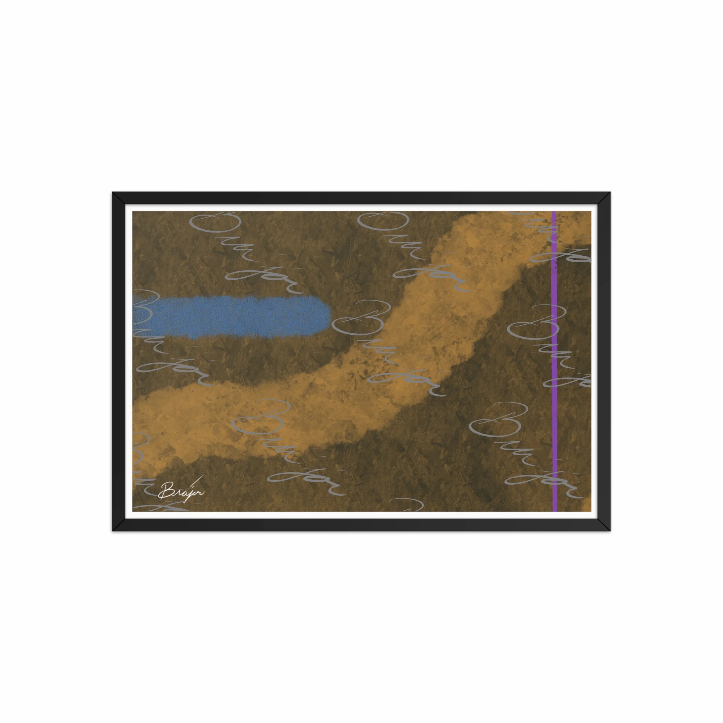 20x30 Black Framed abstract artwork titled Gentle designed by the digital abstract artist Bra'jor. Artwork includes the colors Blue, Brown, Tan, Dark Green, and Purple