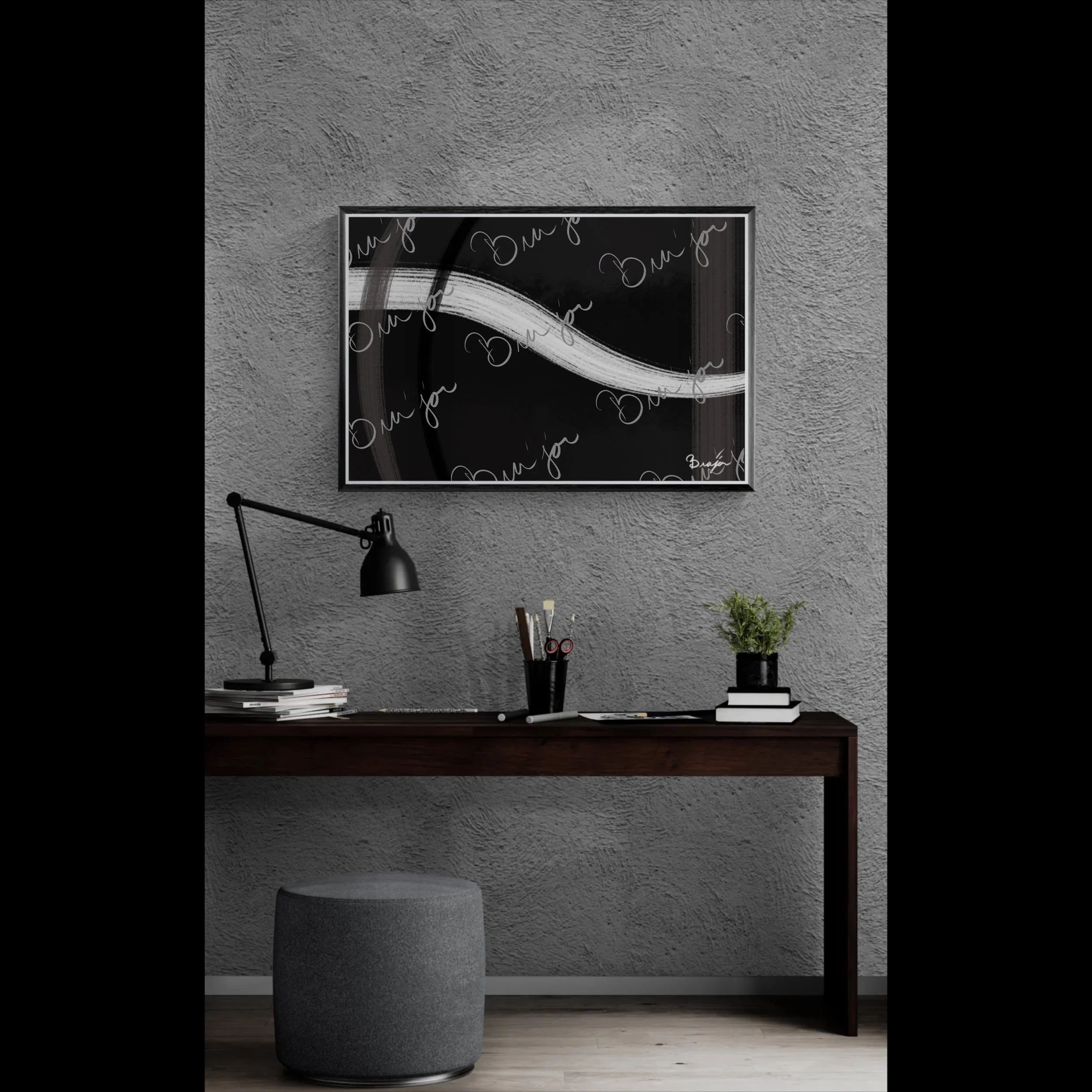 Framed abstract artwork titled See It Through designed by the digital abstract artist Bra'jor. Artwork includes the colors Black, White, and Gray