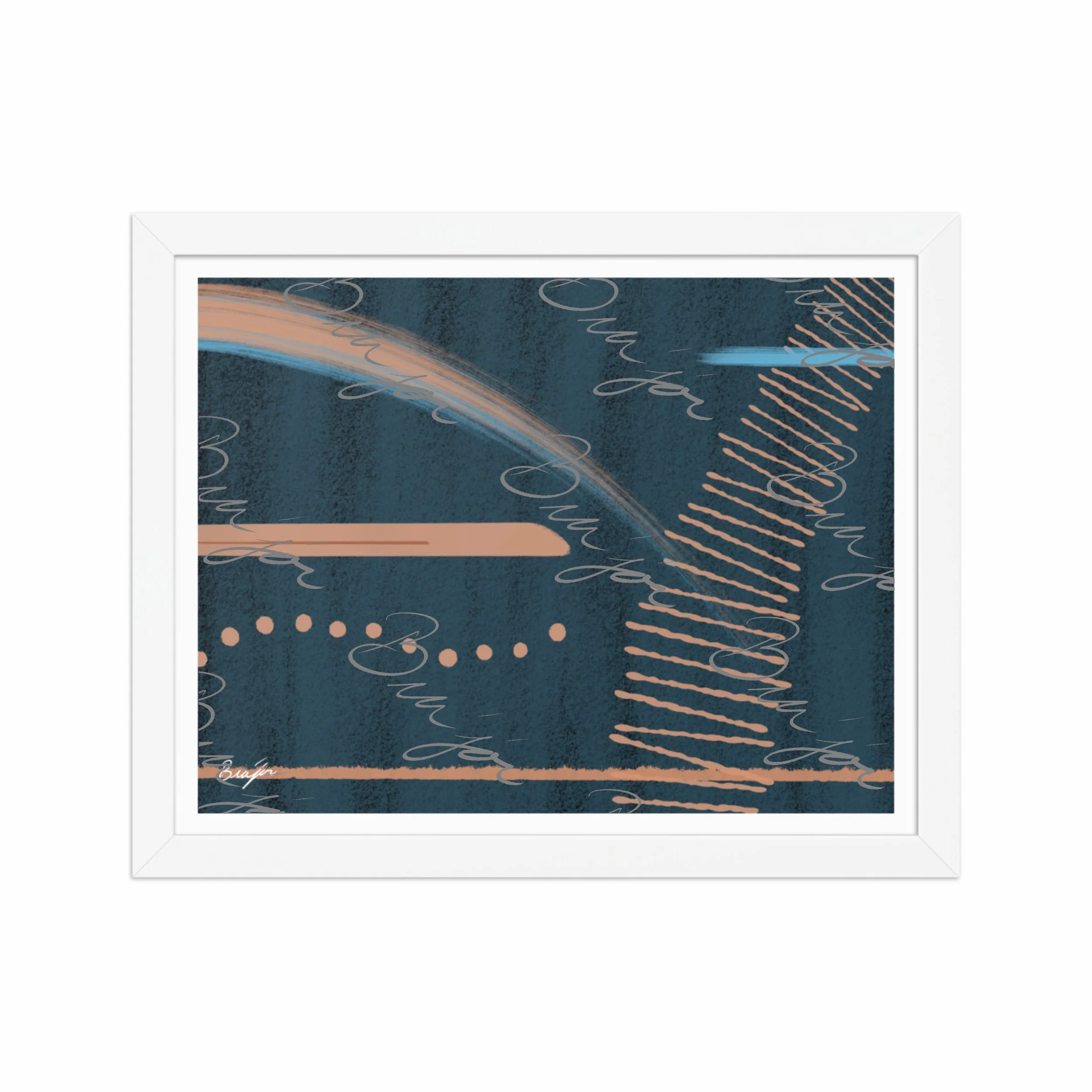 11x14 White Framed abstract artwork titled Effort designed by the digital abstract artist Bra'jor. Artwork includes the colors Black, Blue, Brown, and Tan