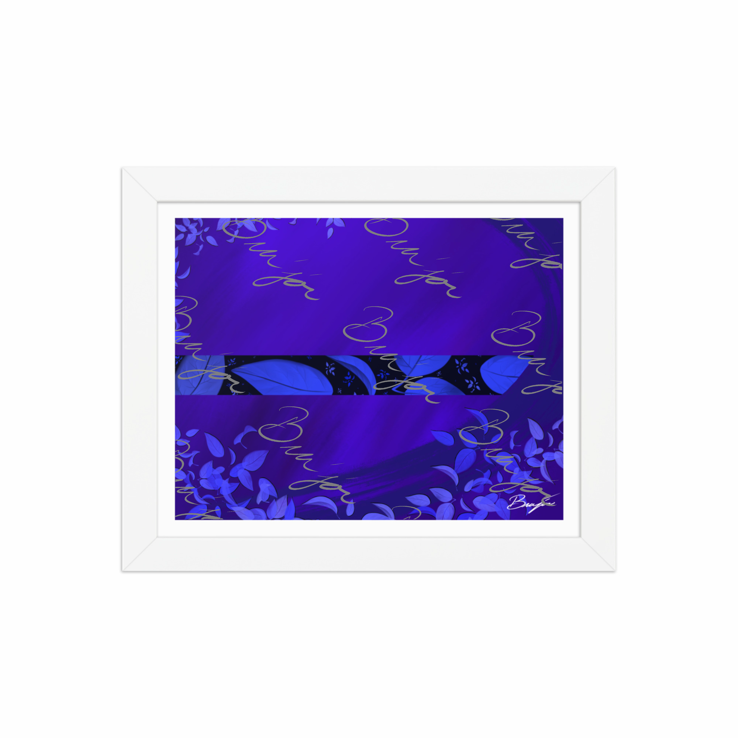 8x10 White Framed abstract artwork titled A Moment designed by the digital abstract artist Bra'jor. Artwork includes the colors Blue, Black, and Purple