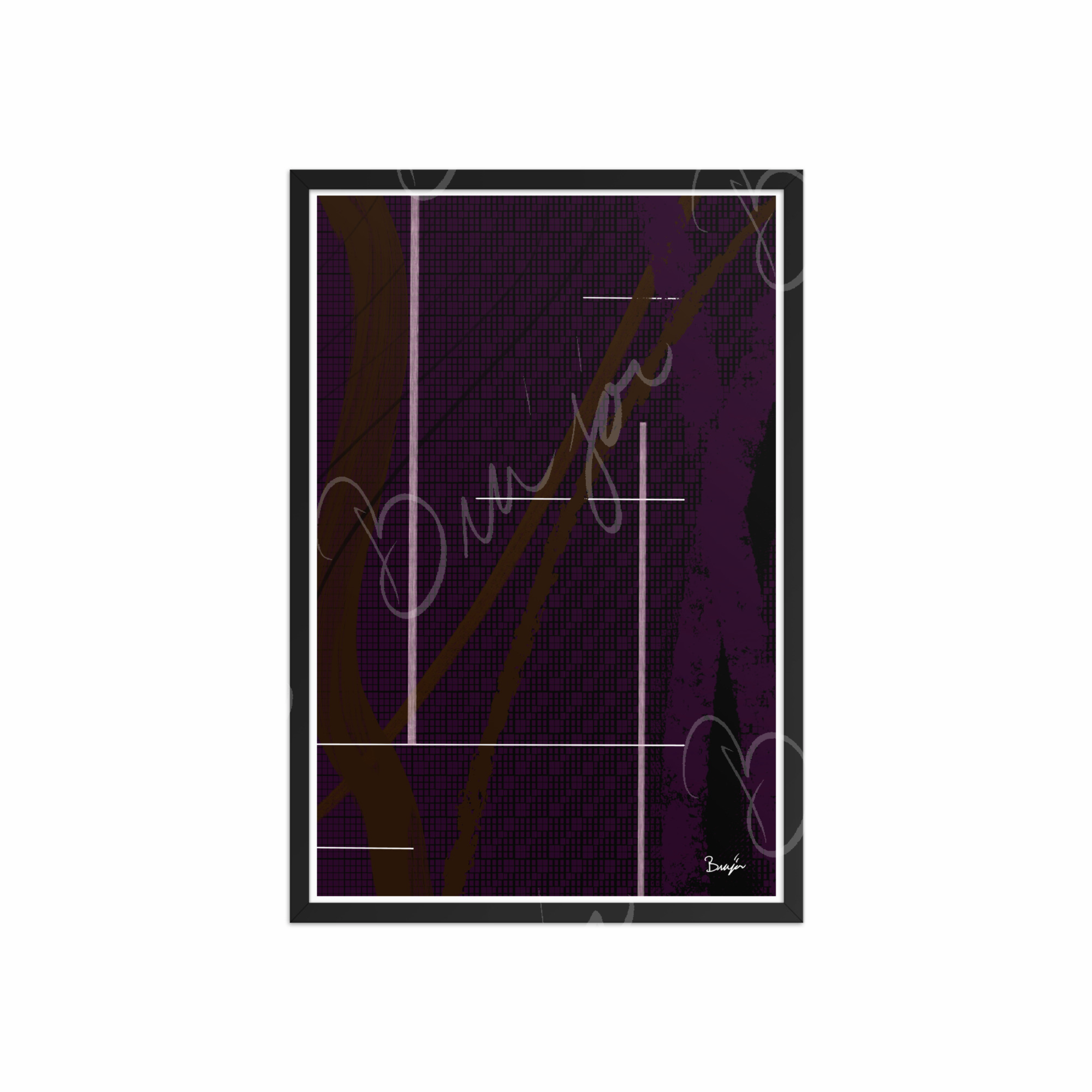 20x30 Black Framed Abstract artwork titled Out of the Box designed by the digital abstract artist Bra'jor. Artwork includes the colors Purple, Brown, Black, and White