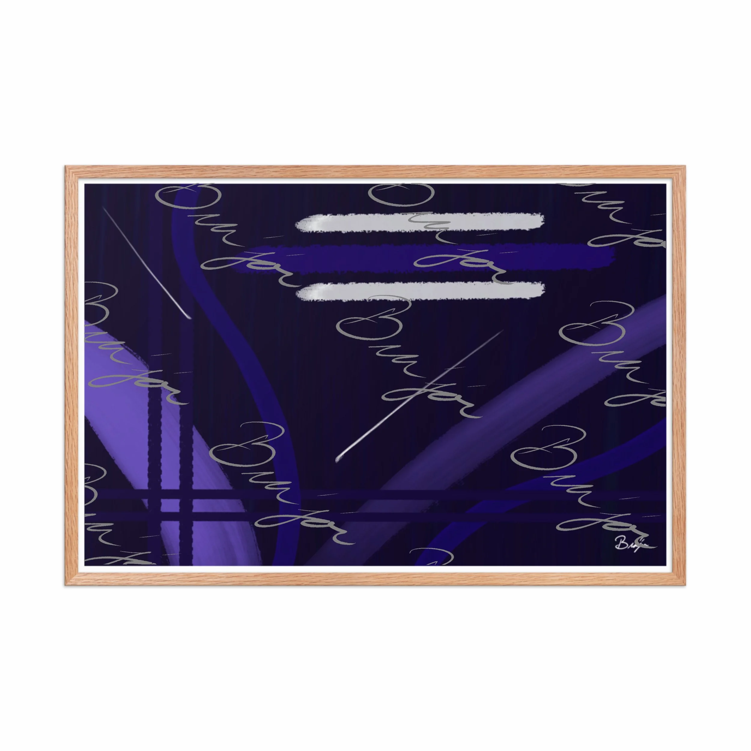 24x36 Red Oak Framed Abstract artwork titled Beneath designed by the digital abstract artist Bra'jor. Artwork includes the colors Blue, White, Purple, and Navy