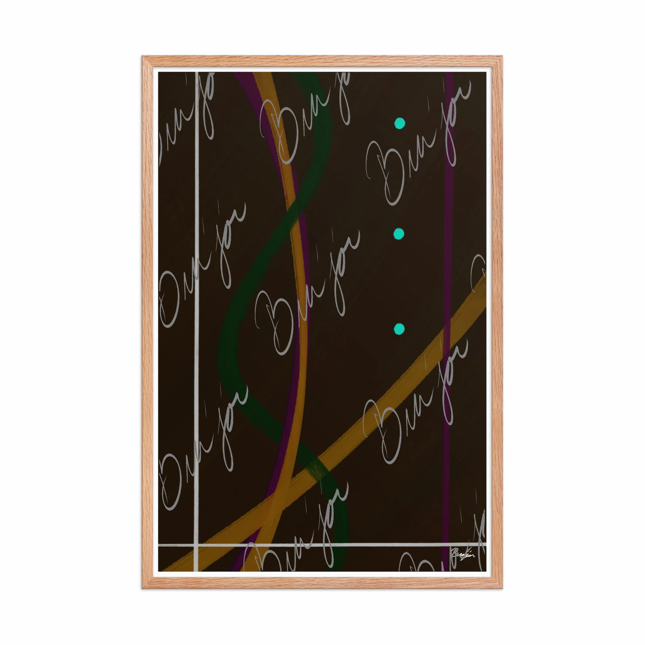 24x36 Red Oak Framed Abstract artwork titled Button Up designed by the digital abstract artist Bra'jor. Artwork includes the colors Orange, Purple, Green, White, and Brown