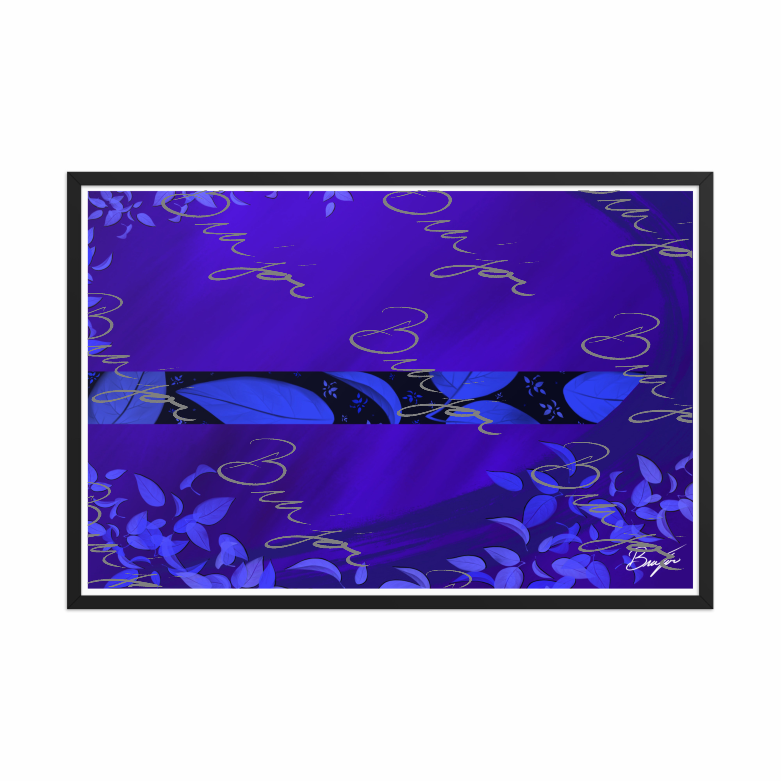 24x36 Black Framed abstract artwork titled A Moment designed by the digital abstract artist Bra'jor. Artwork includes the colors Blue, Black, and Purple