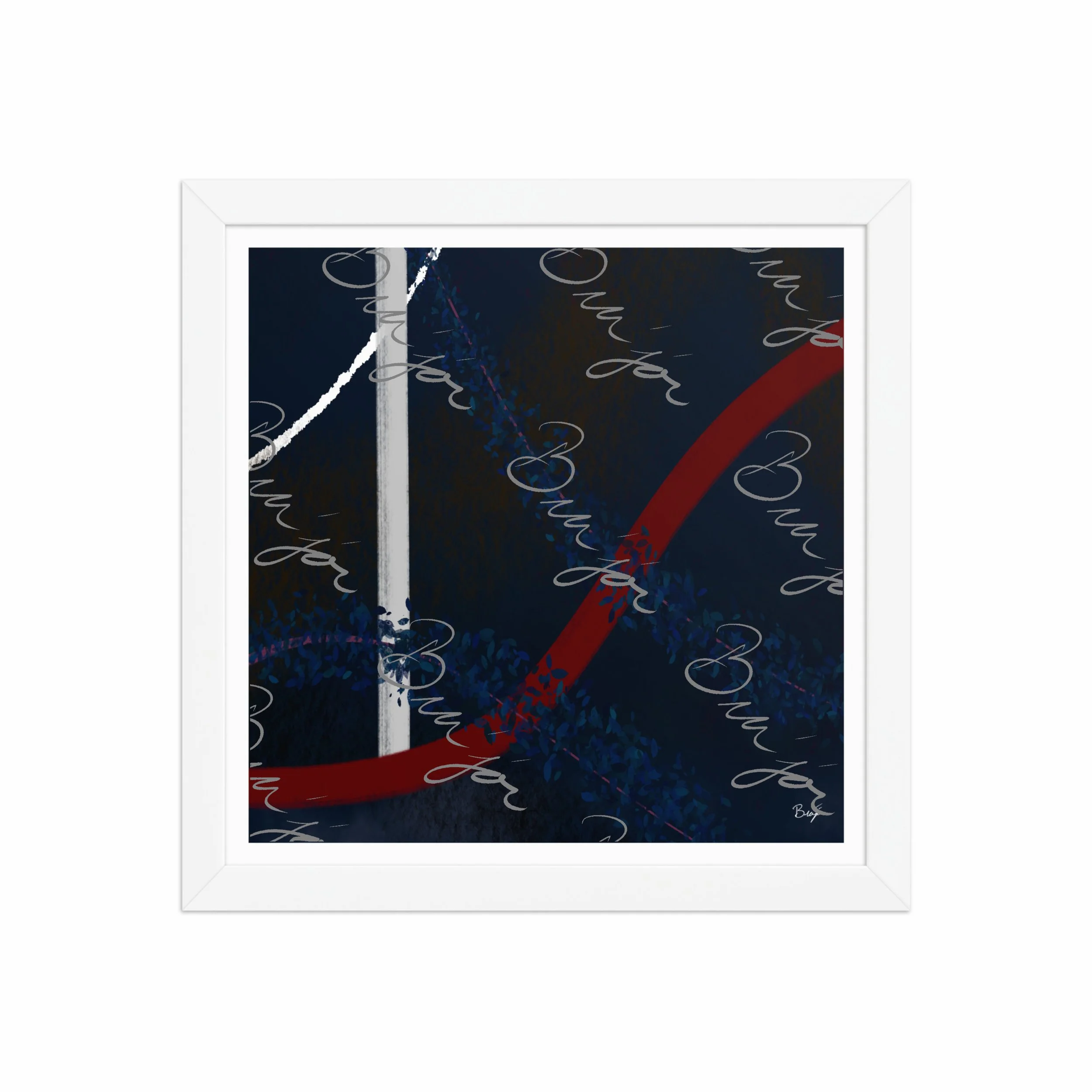 12x12 White Framed abstract artwork titled Gloomy II designed by the digital abstract artist Bra'jor. Artwork includes the colors Blue, Red, White, Pink, and Black