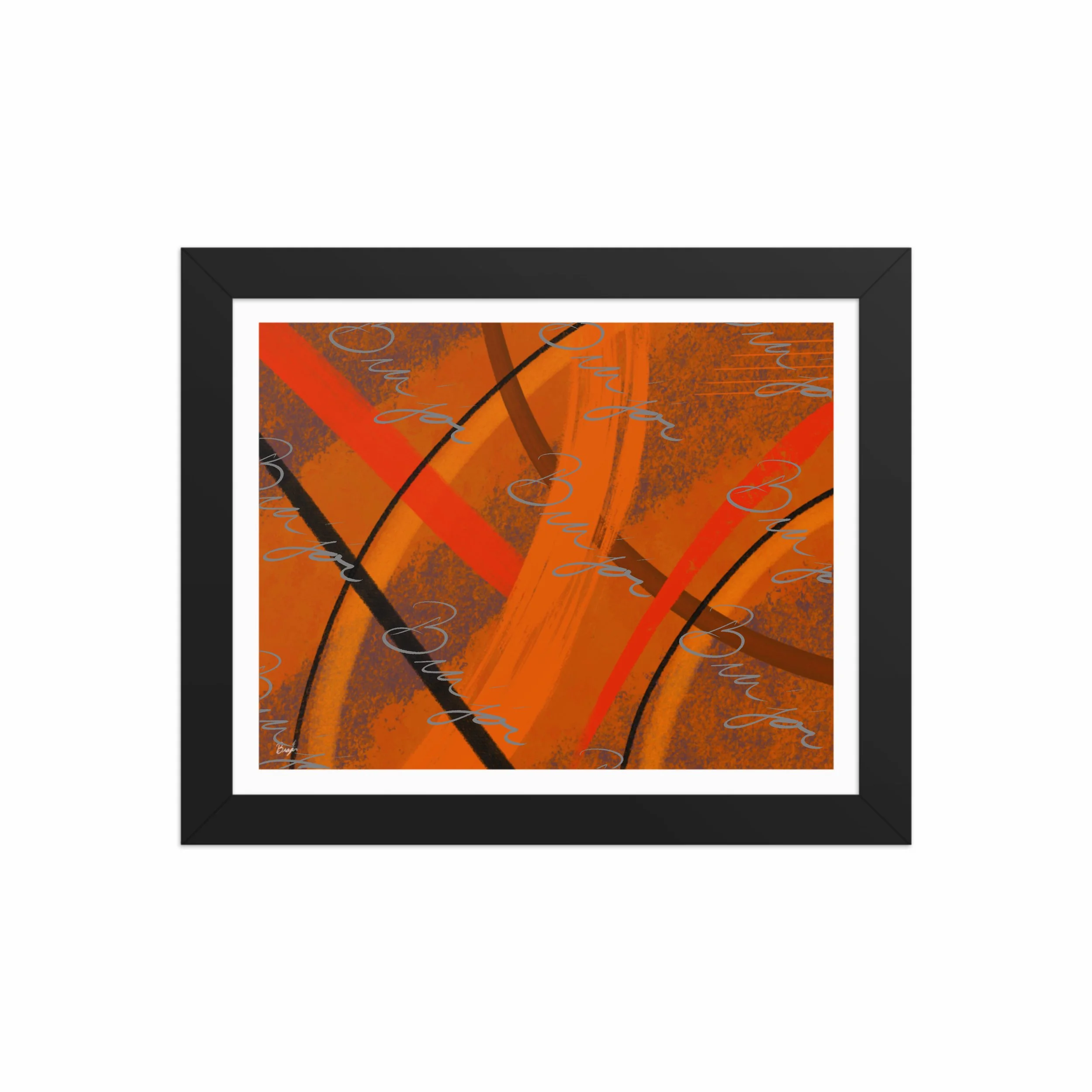 8x10 Black Framed Abstract artwork titled Challenges designed by the digital abstract artist Bra'jor. Artwork includes the colors Orange, Brown, Blue, and Black