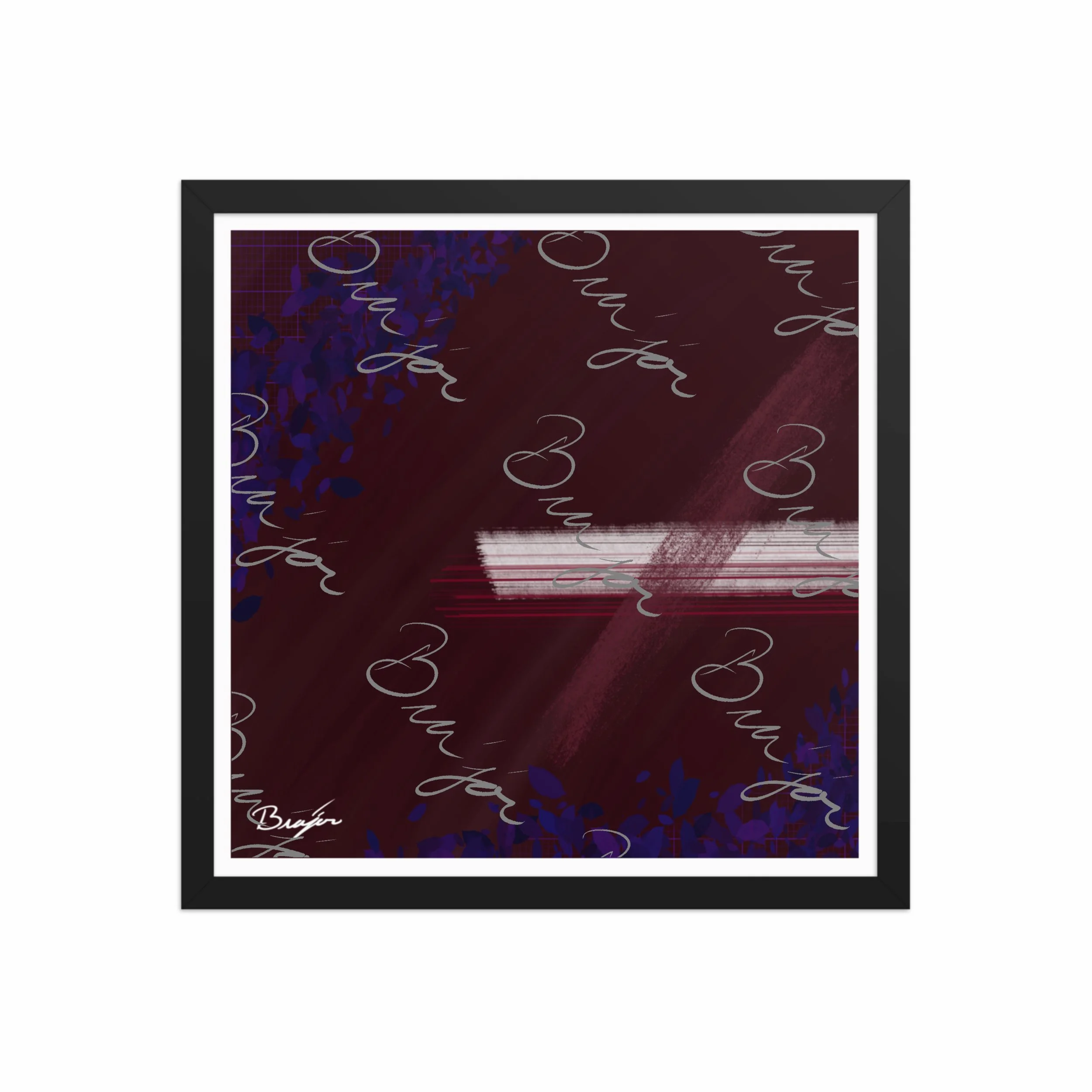 16x16 Black framed abstract artwork titled Guarded designed by the digital abstract artist Bra'jor. Artwork includes the colors Maroon, Black, Blue, and White