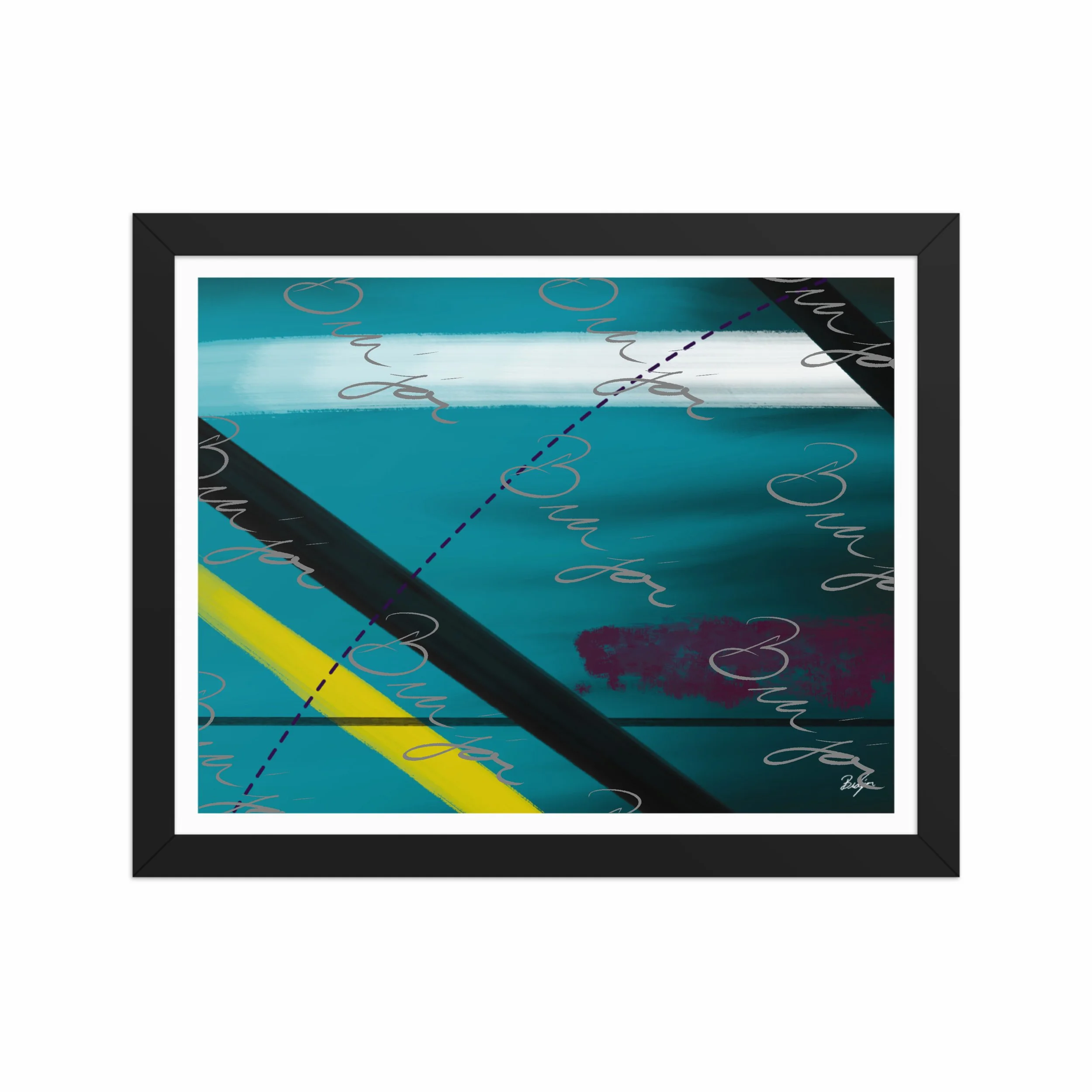 11x14 Black Framed Abstract artwork titled First designed by the digital abstract artist Bra'jor. Artwork includes the colors Blue, Yellow, Black, Purple, and White