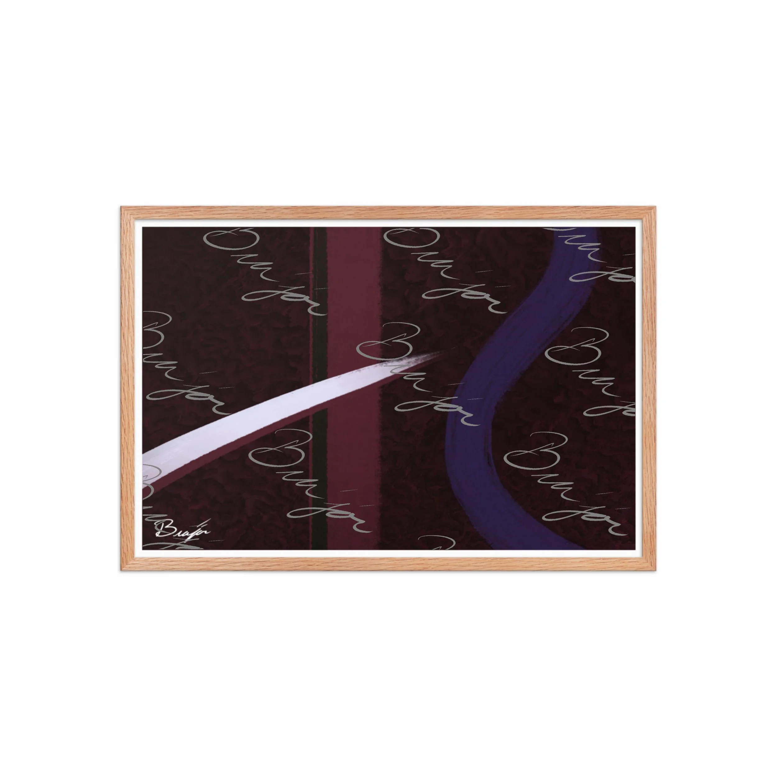 20x30 Red Oak Framed abstract artwork titled The Walk designed by the digital abstract artist Bra'jor. Artwork includes the colors Maroon, Black, Purple, and White