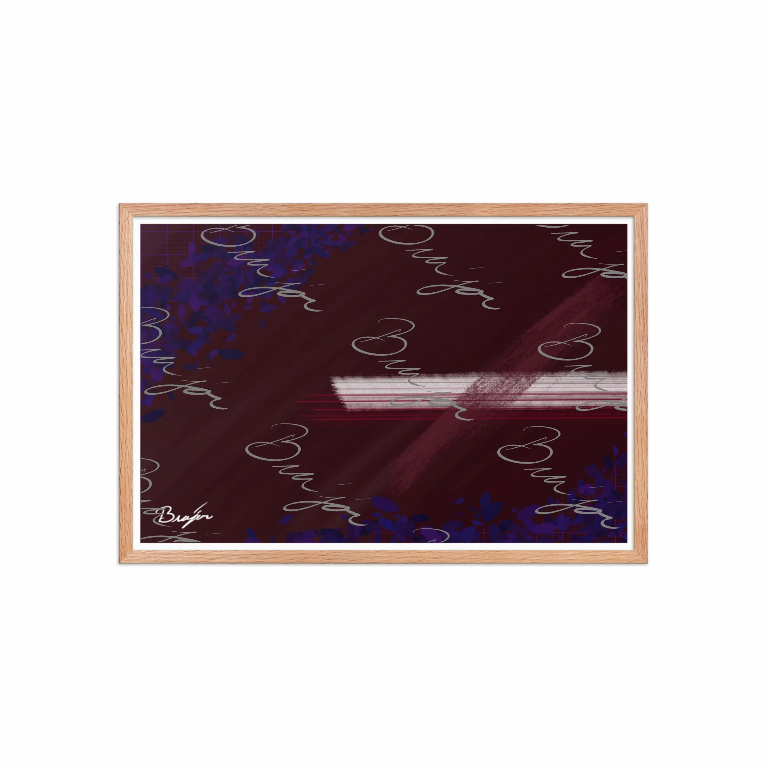 20x30 Red Oak framed abstract artwork titled Guarded designed by the digital abstract artist Bra'jor. Artwork includes the colors Maroon, Black, Blue, and White