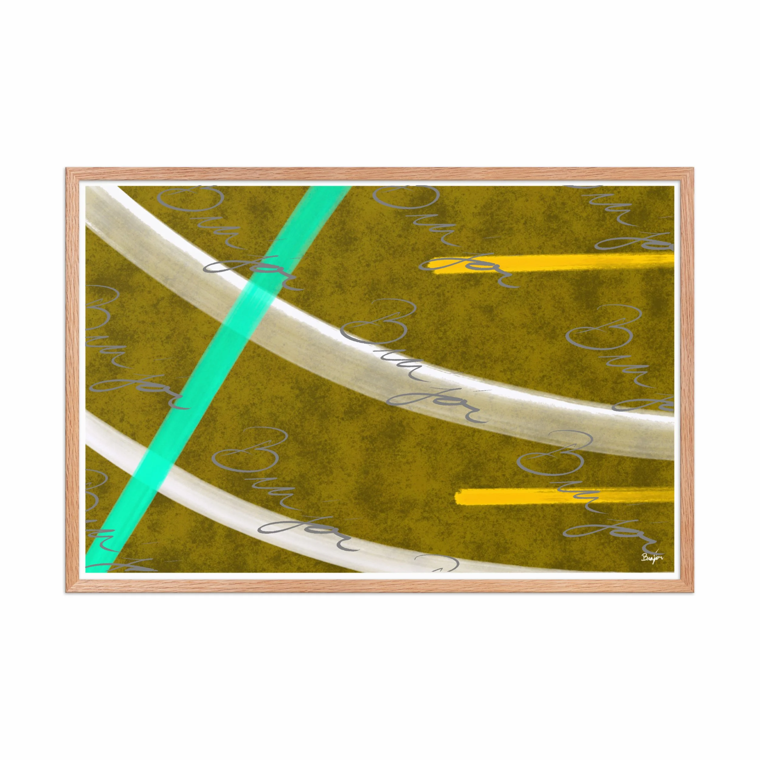 24x36 Red Oak Framed Abstract artwork titled Hushed designed by the digital abstract artist Bra'jor. Artwork includes the colors Orange, Yellow, White, and Blue
