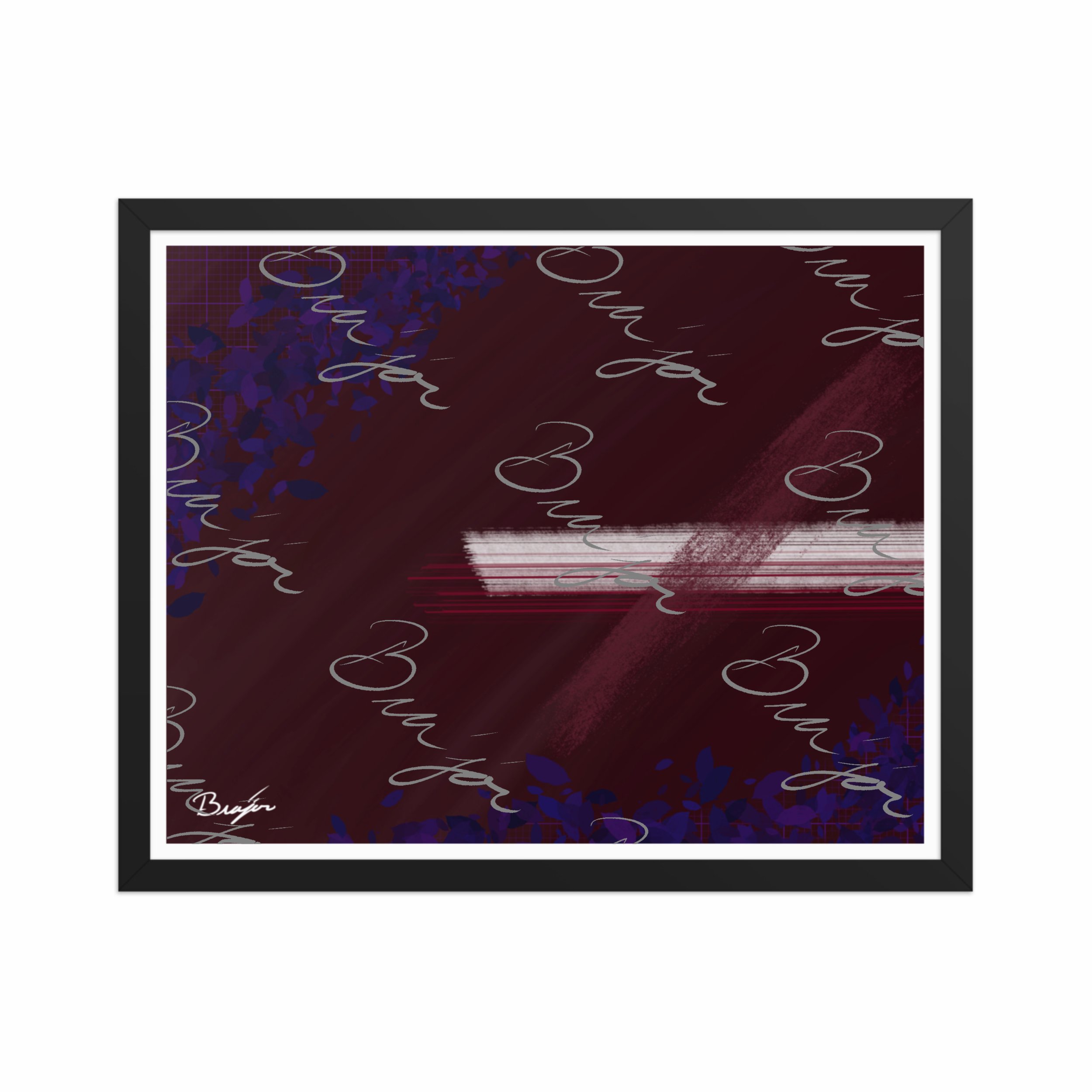 16x20 Black framed abstract artwork titled Guarded designed by the digital abstract artist Bra'jor. Artwork includes the colors Maroon, Black, Blue, and White