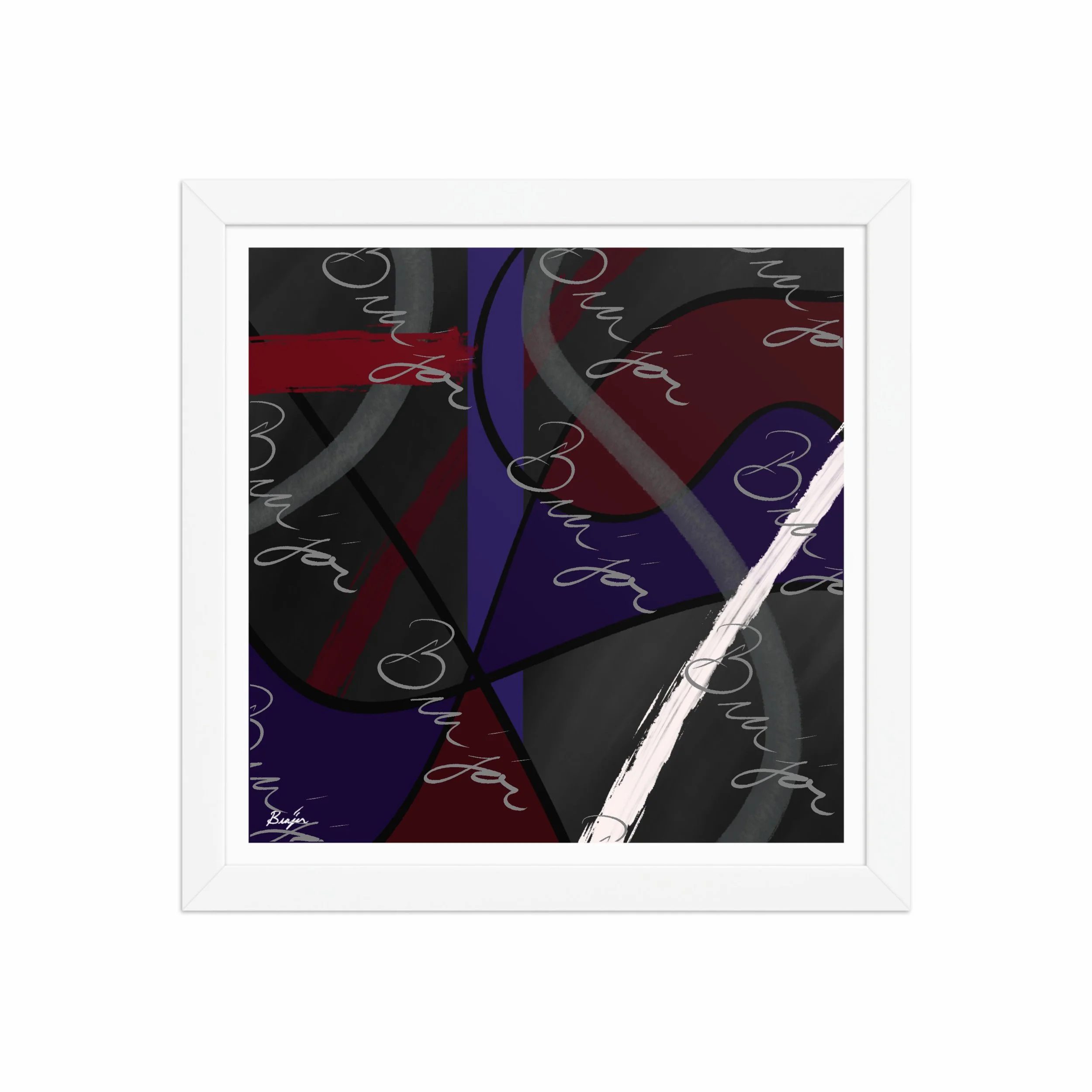 12x12 White Framed Abstract artwork titled Different designed by the digital abstract artist Bra'jor. Artwork includes the colors Purple, Blue, Red, Gray, and Black