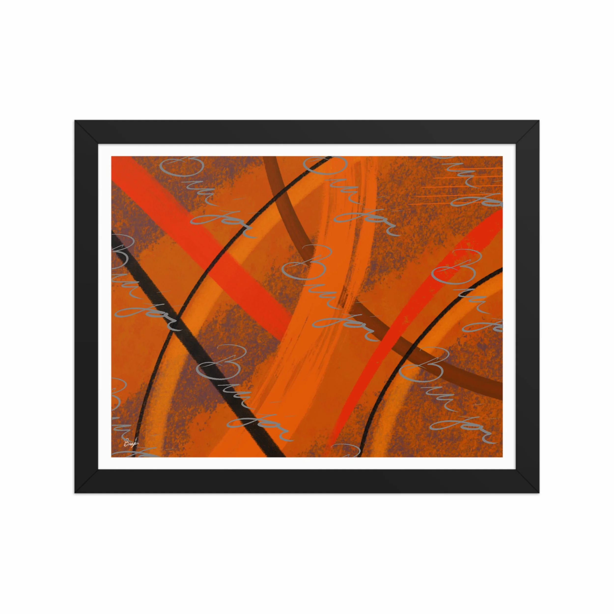 11x14 Black Framed Abstract artwork titled Challenges designed by the digital abstract artist Bra'jor. Artwork includes the colors Orange, Brown, Blue, and Black