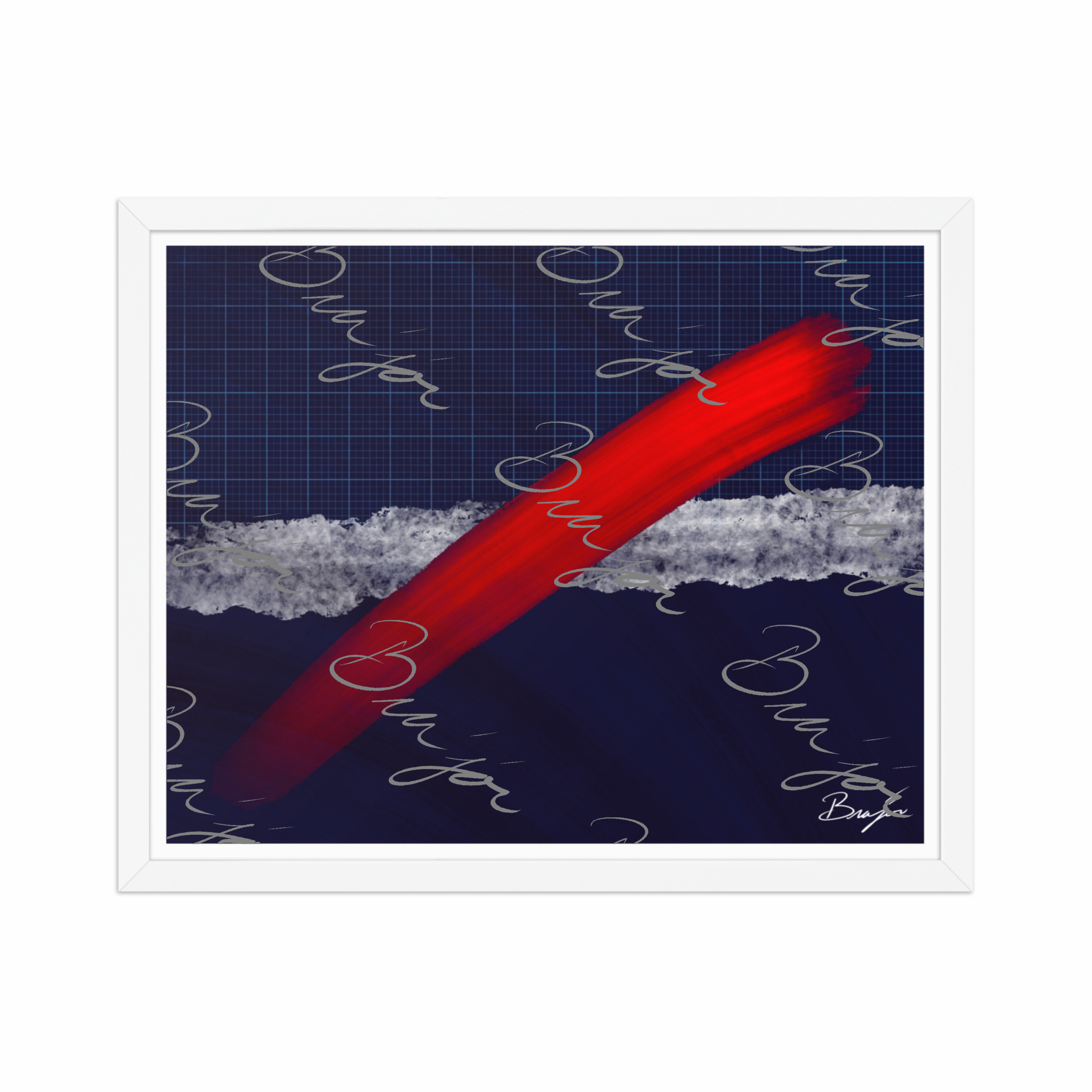16x20 White Framed abstract artwork titled Strike designed by the digital abstract artist Bra'jor. Artwork includes the colors Red, Blue, white, and Gray