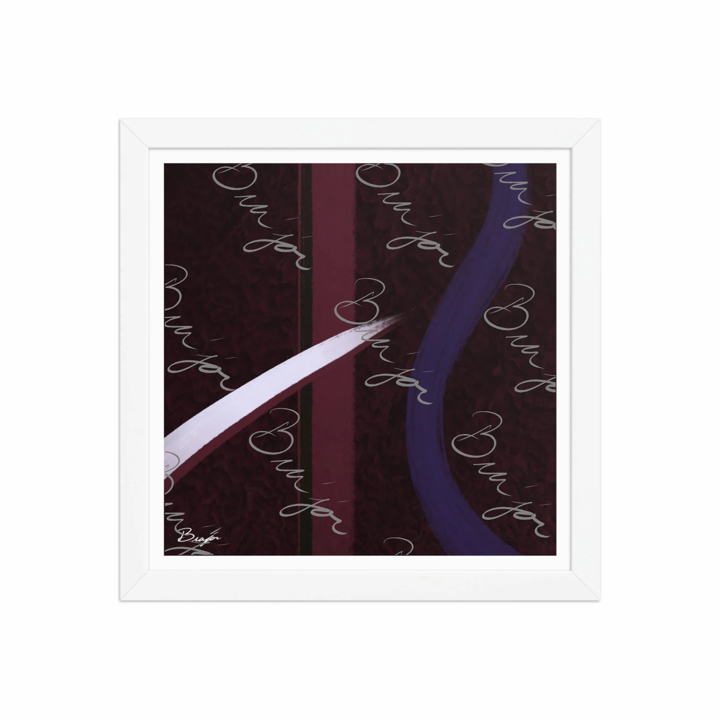 12x12 White Framed abstract artwork titled The Walk designed by the digital abstract artist Bra'jor. Artwork includes the colors Maroon, Black, Purple, and White