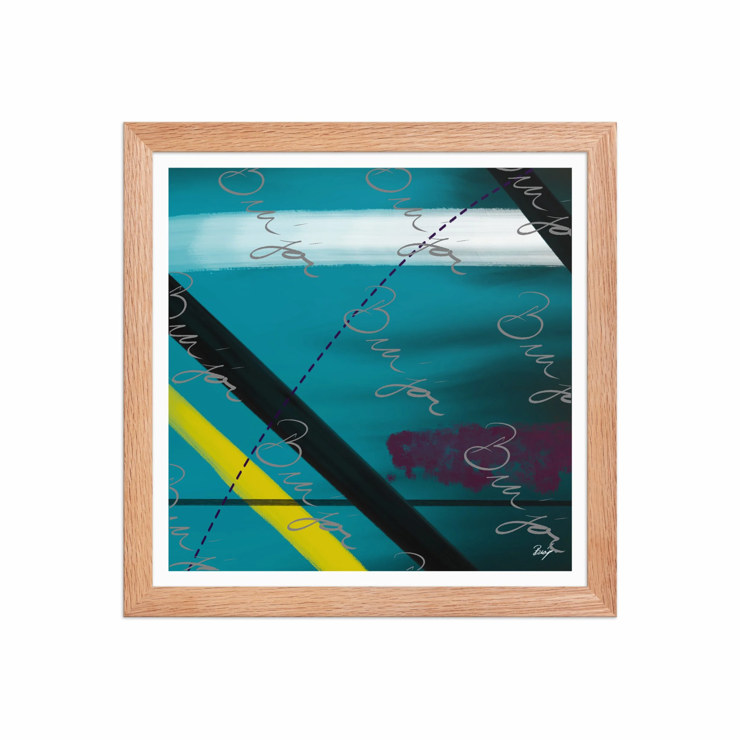 12x12 Red Oak Framed Abstract artwork titled First designed by the digital abstract artist Bra'jor. Artwork includes the colors Blue, Yellow, Black, Purple, and White