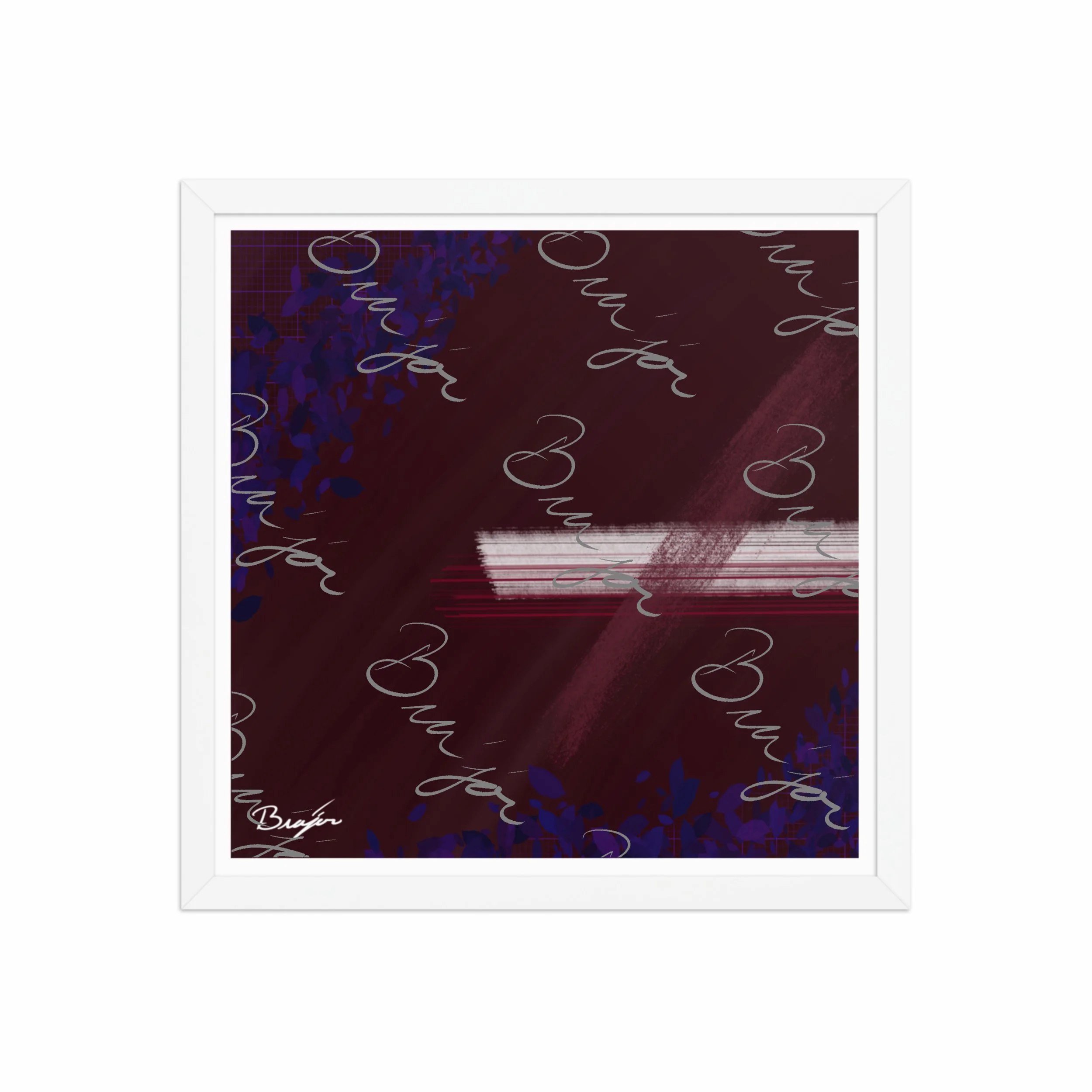 16x16 White framed abstract artwork titled Guarded designed by the digital abstract artist Bra'jor. Artwork includes the colors Maroon, Black, Blue, and White