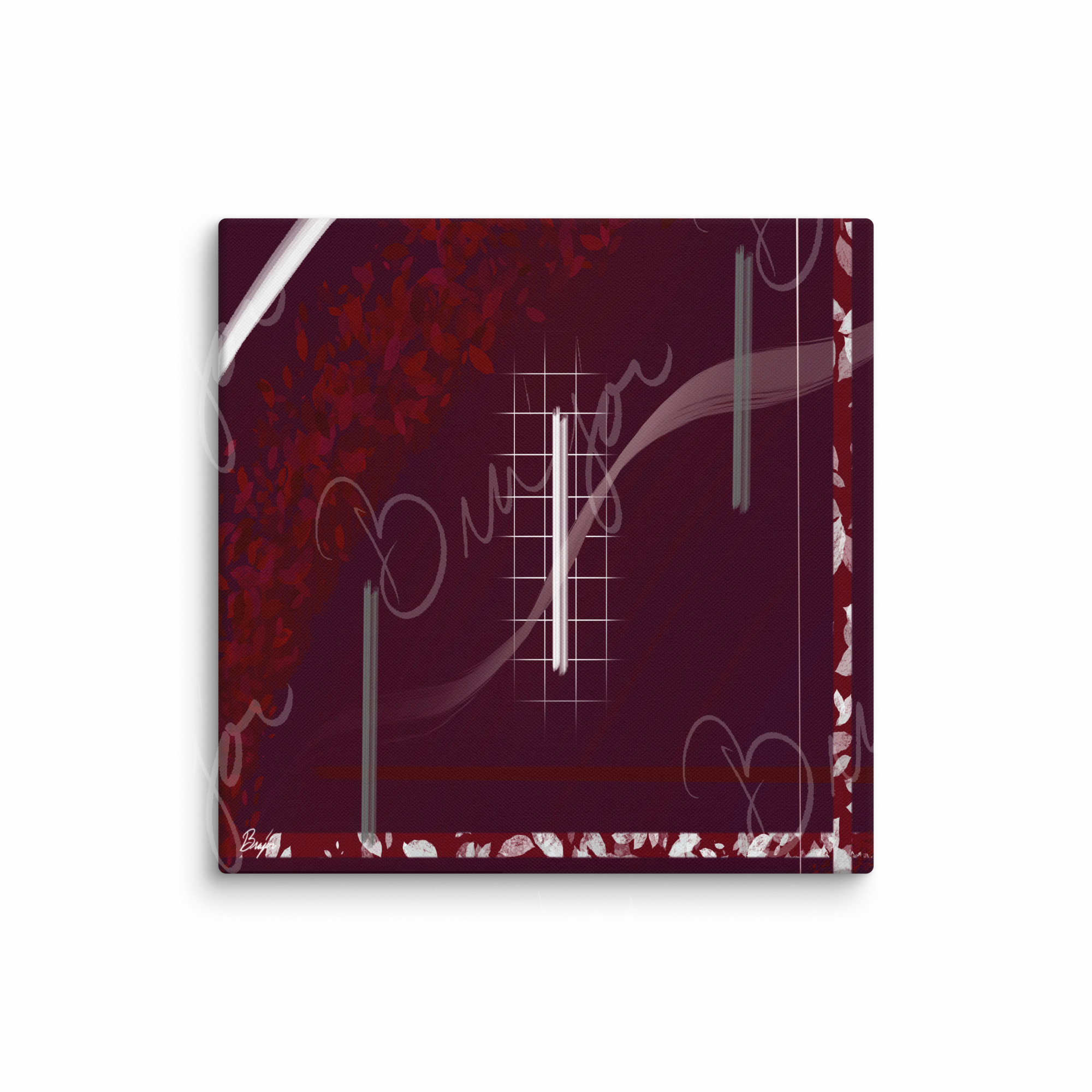 37x37 XL Canvas Abstract artwork titled Shine designed by the digital abstract artist Bra'jor. Artwork includes the colors Red, Gray, Maroon, White, and Soft Pink