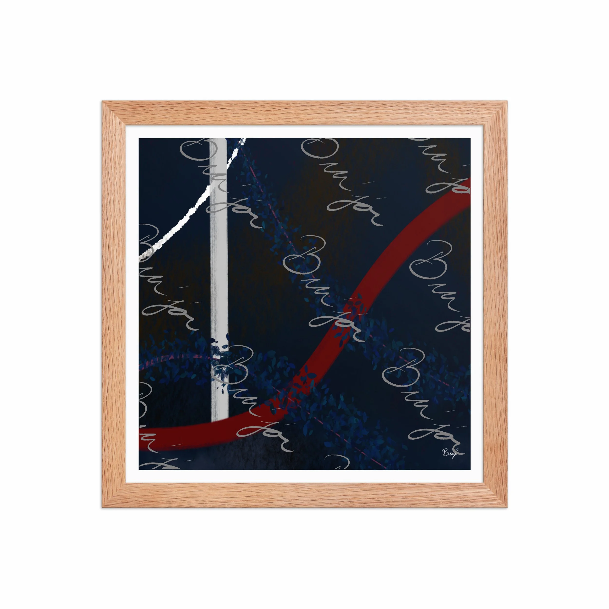 12x12 Red Oak Framed abstract artwork titled Gloomy II designed by the digital abstract artist Bra'jor. Artwork includes the colors Blue, Red, White, Pink, and Black