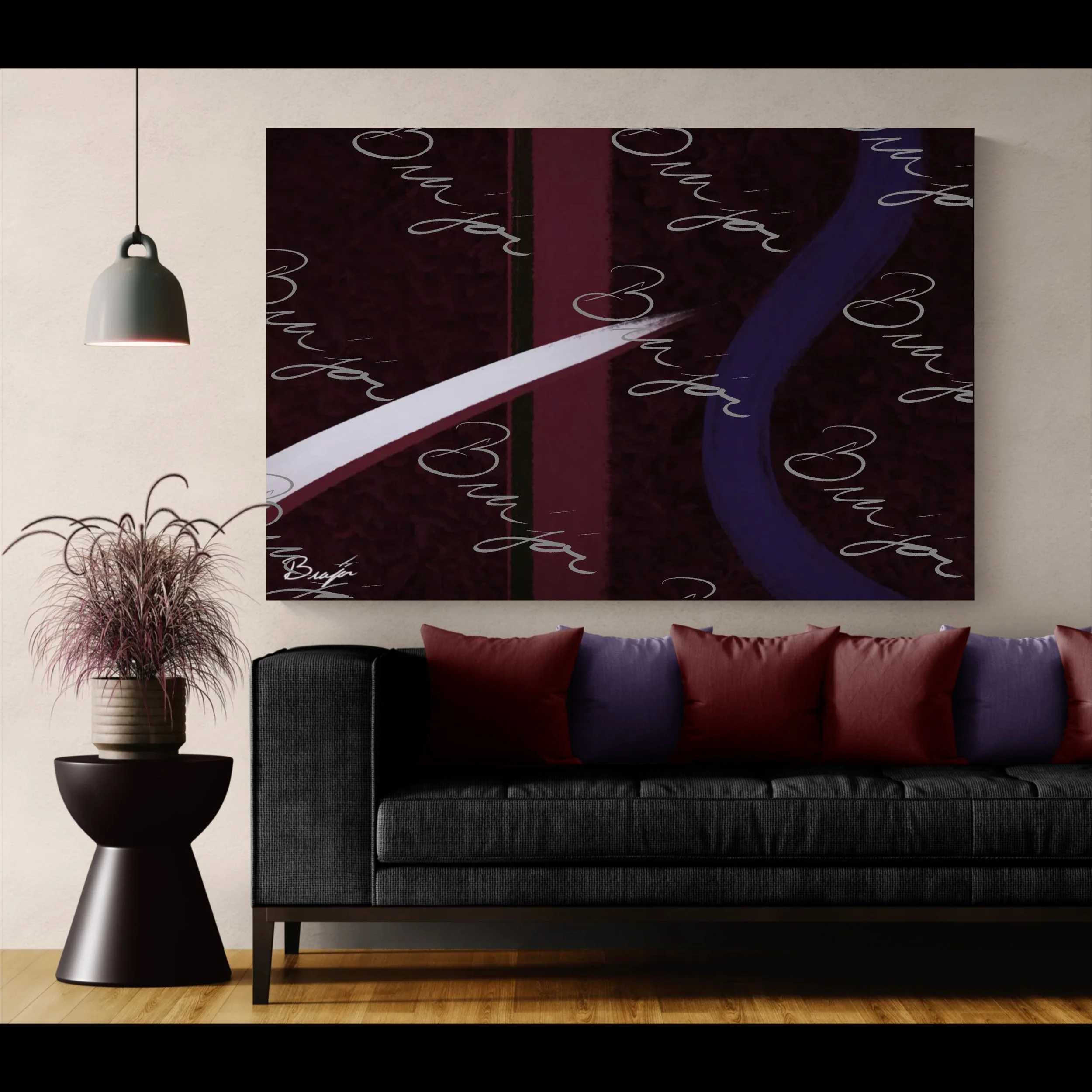 XL Canvas abstract artwork titled The Walk designed by the digital abstract artist Bra'jor. Artwork includes the colors Maroon, Black, Purple, and White