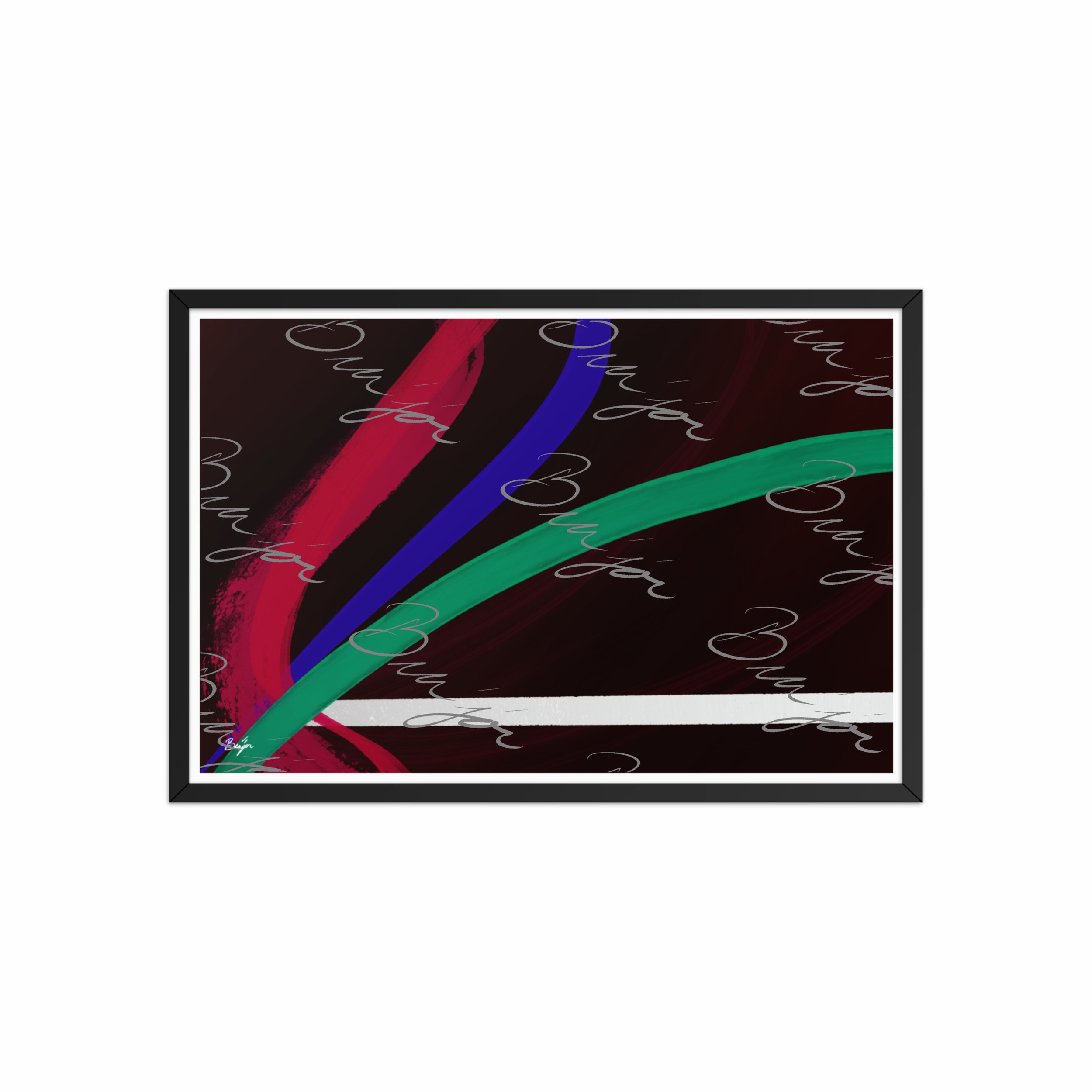 20x30 Black Framed Abstract artwork titled Journey designed by the digital abstract artist Bra'jor. Artwork includes the colors Red, White, Green, and Blue