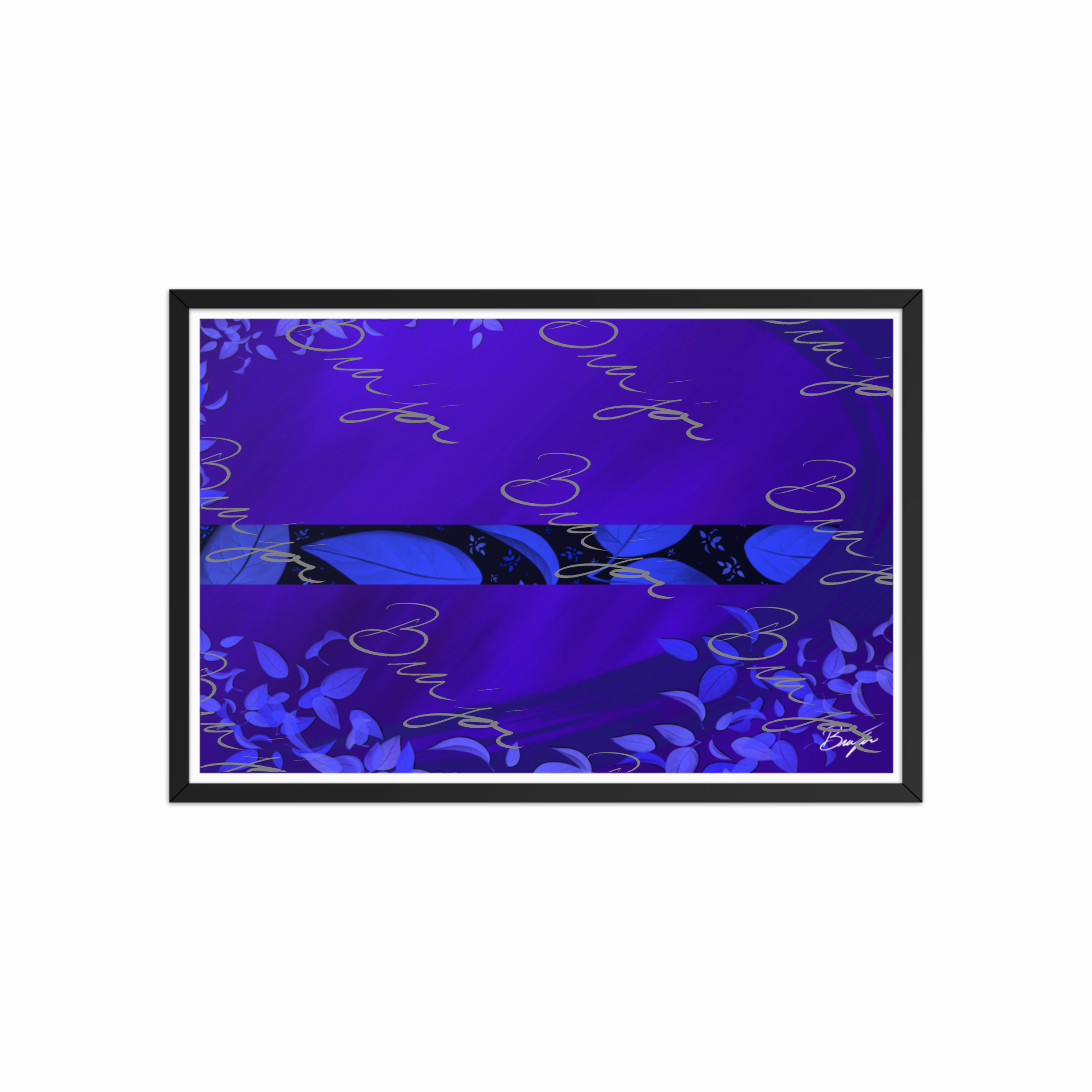 20x30 Black Framed abstract artwork titled A Moment designed by the digital abstract artist Bra'jor. Artwork includes the colors Blue, Black, and Purple