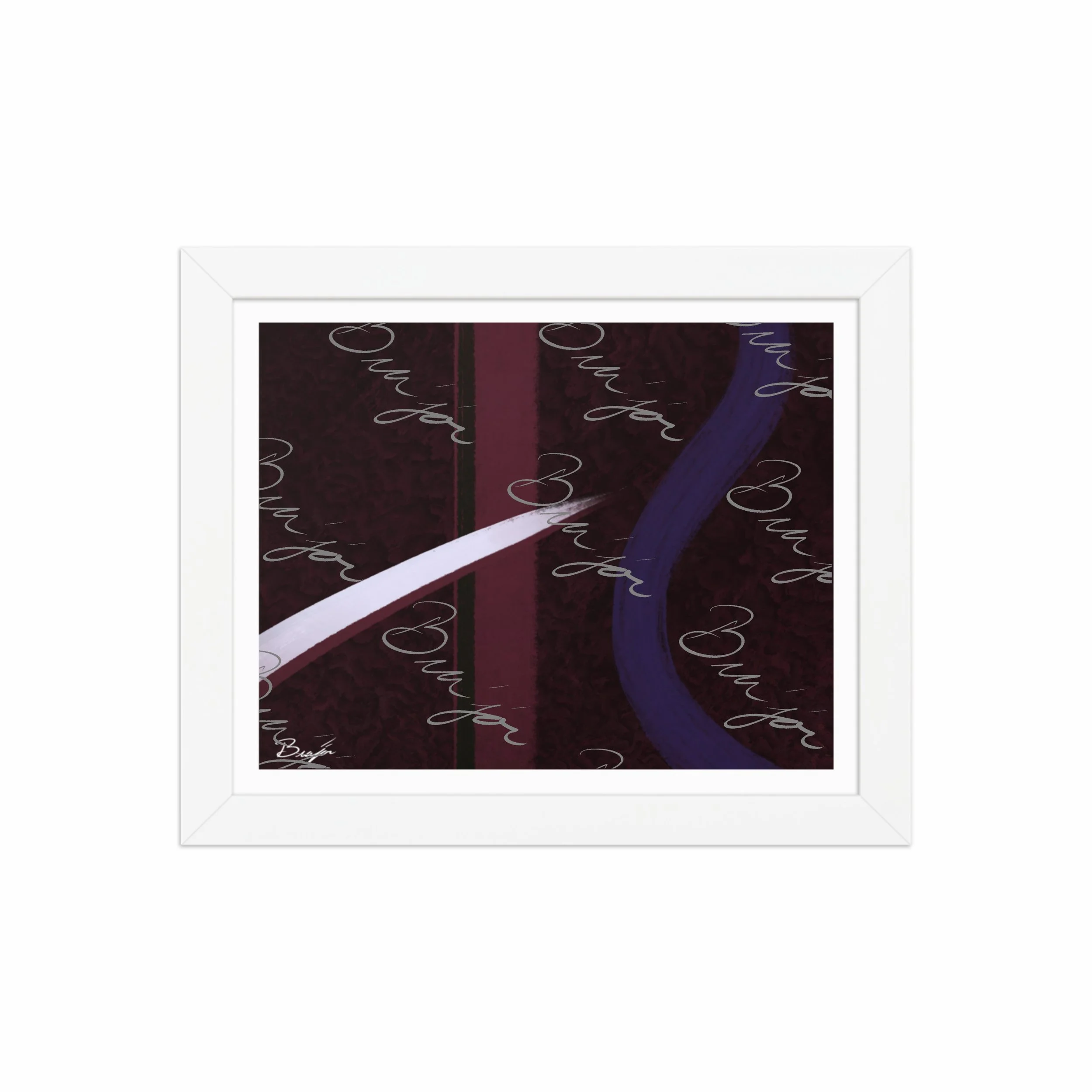 8x10 White Framed abstract artwork titled The Walk designed by the digital abstract artist Bra'jor. Artwork includes the colors Maroon, Black, Purple, and White