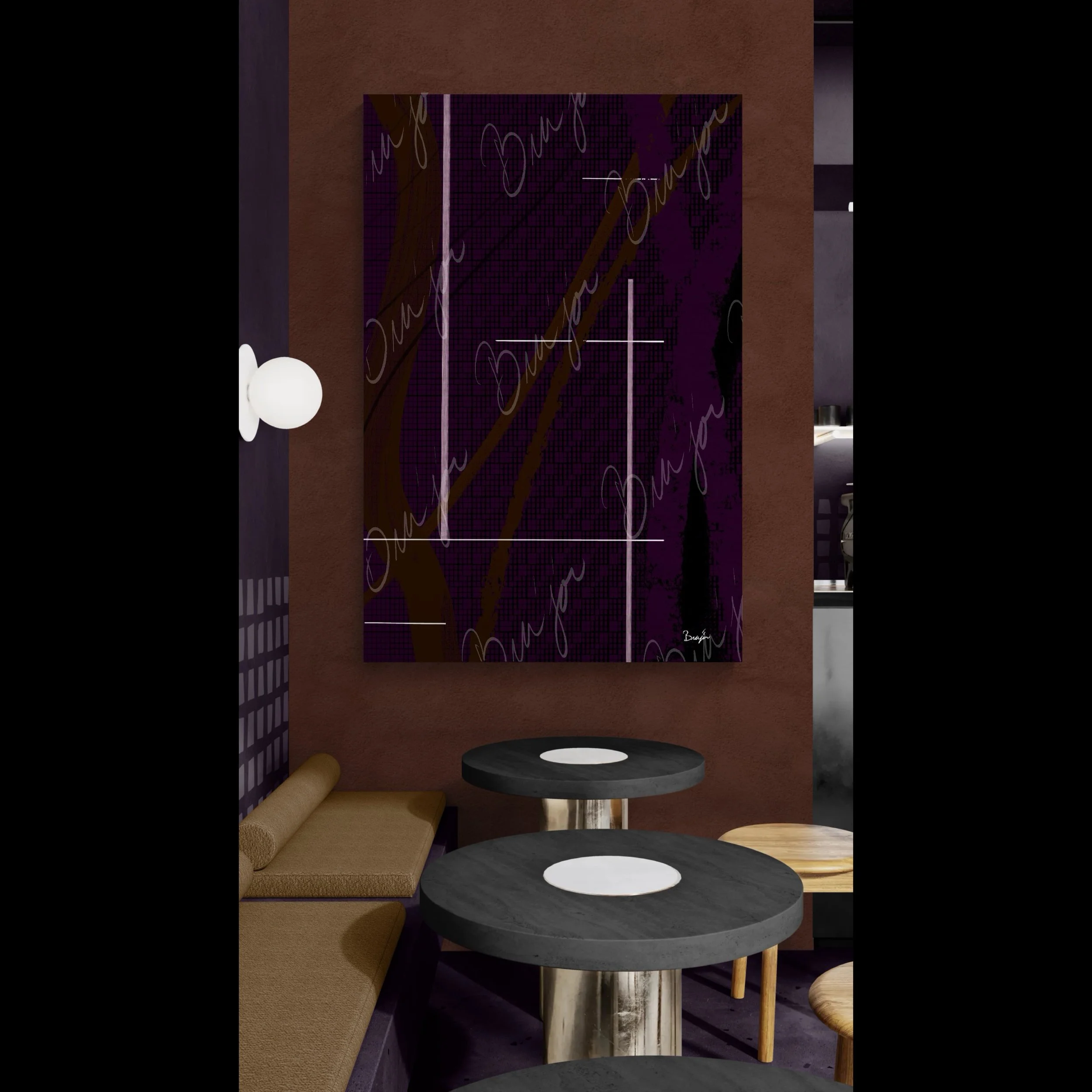 XL Canvas Abstract artwork titled Out of the Box designed by the digital abstract artist Bra'jor. Artwork includes the colors Purple, Brown, Black, and White