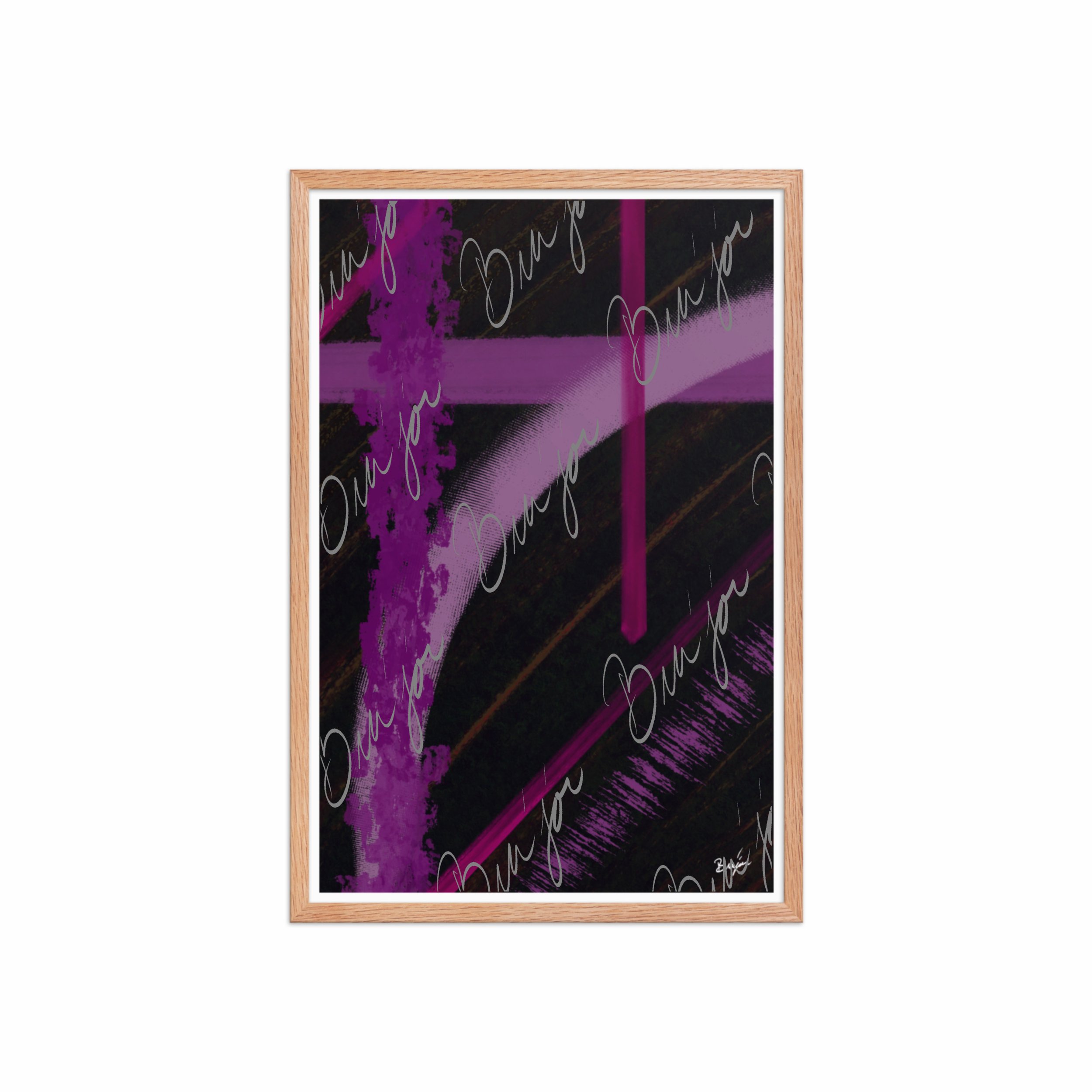 20x30 Red Oak Framed Abstract artwork titled Be Soft designed by the digital abstract artist Bra'jor. Artwork includes the colors Purple, Lavender, Pink, Orange, and Black