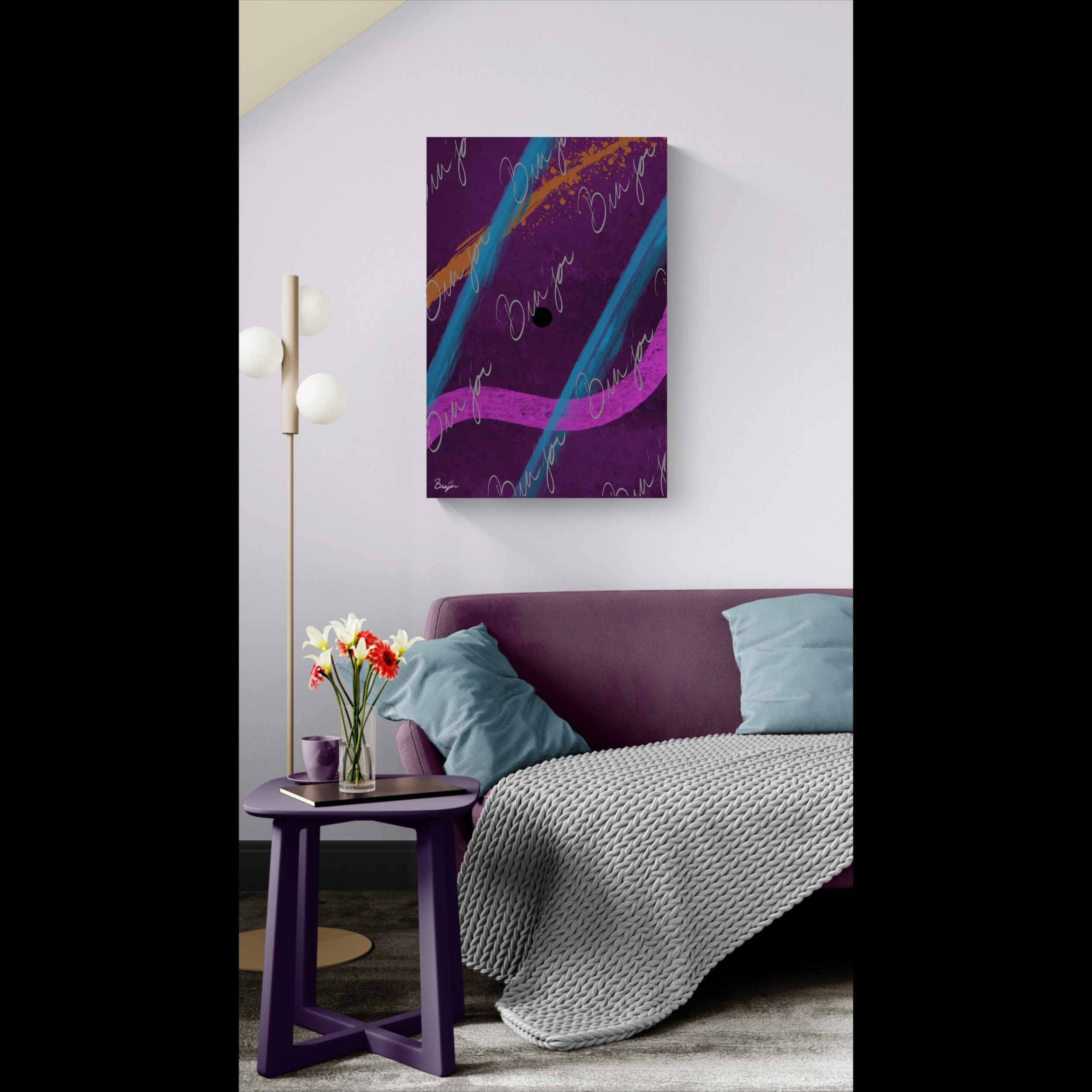 Canvas abstract artwork titled Absent designed by the digital abstract artist Bra'jor. Artwork includes the colors Blue, Orange, Black, Pink, and Purple