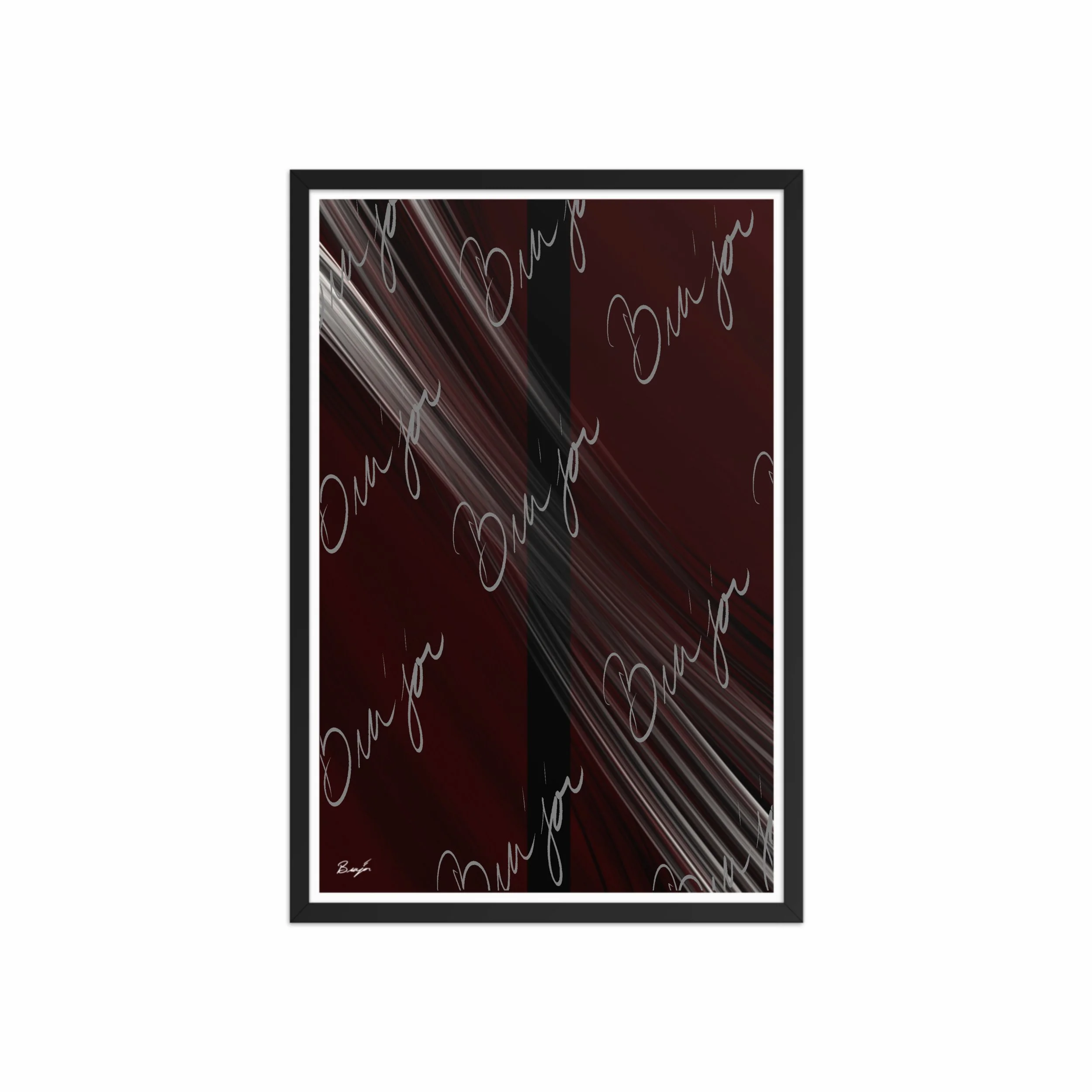 20x30 Black Framed abstract artwork titled Still Standing designed by the digital abstract artist Bra'jor. Artwork includes the colors Maroon, Red, Black, and White