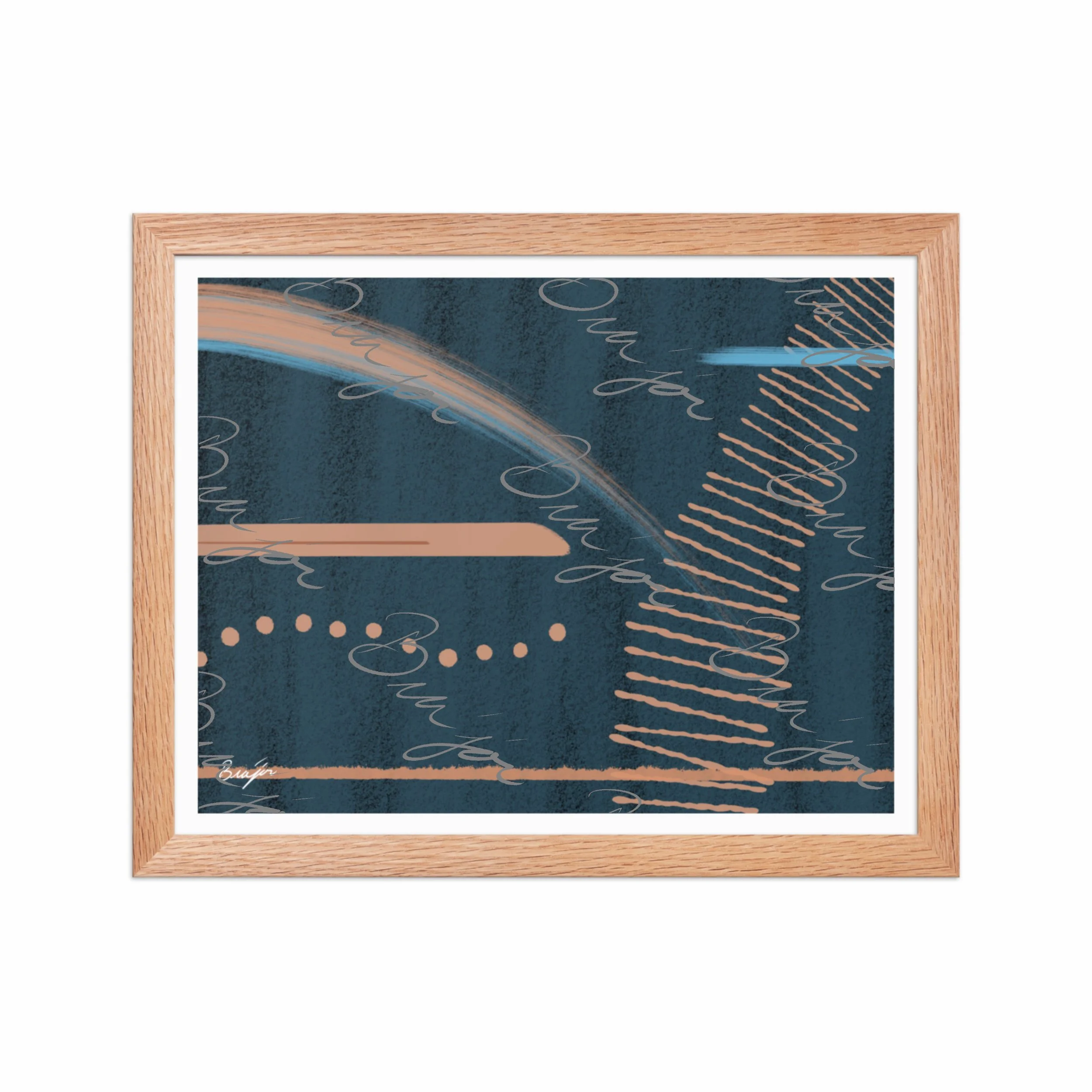 11x14 Red Oak Framed abstract artwork titled Effort designed by the digital abstract artist Bra'jor. Artwork includes the colors Black, Blue, Brown, and Tan