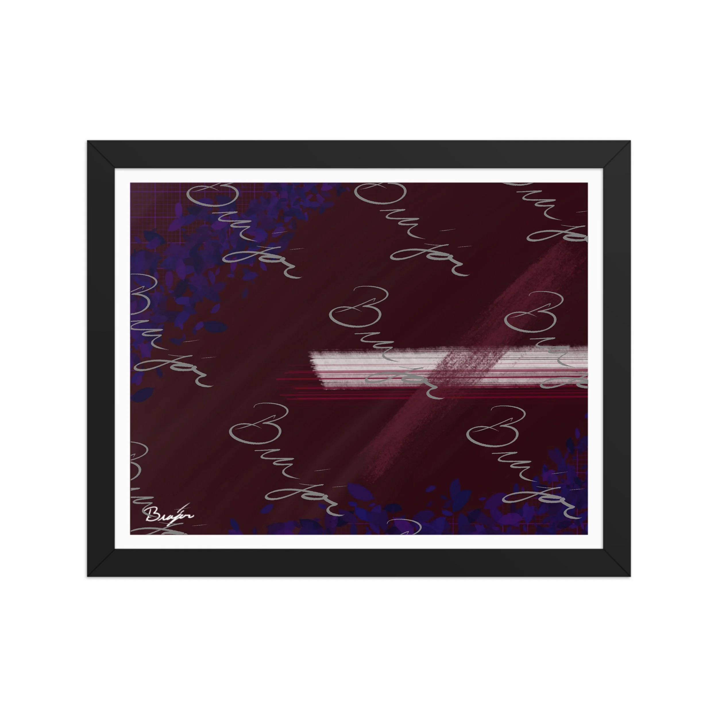11x14 Black framed abstract artwork titled Guarded designed by the digital abstract artist Bra'jor. Artwork includes the colors Maroon, Black, Blue, and White