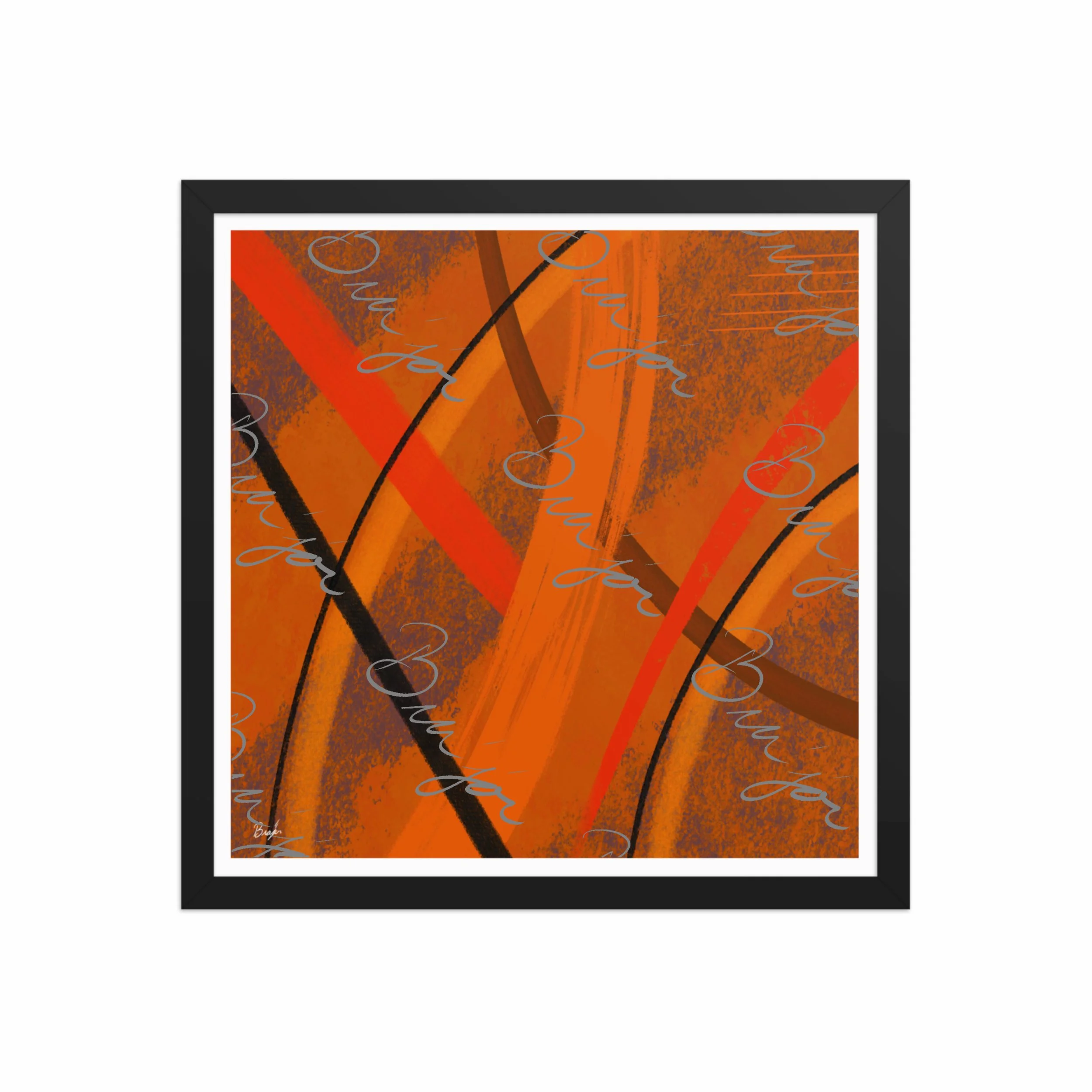 16x16 Black Framed Abstract artwork titled Challenges designed by the digital abstract artist Bra'jor. Artwork includes the colors Orange, Brown, Blue, and Black