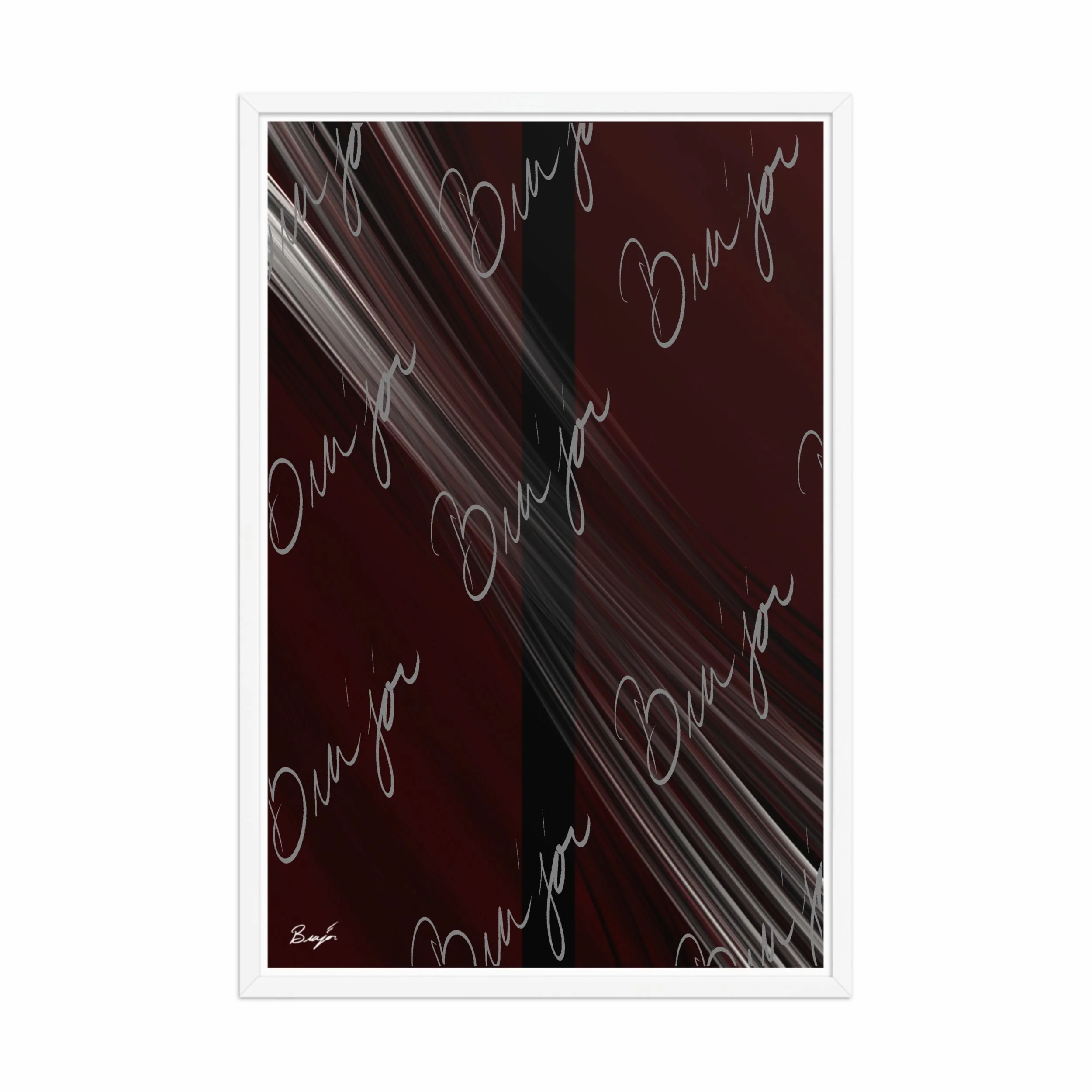 24x36 White Framed abstract artwork titled Still Standing designed by the digital abstract artist Bra'jor. Artwork includes the colors Maroon, Red, Black, and White