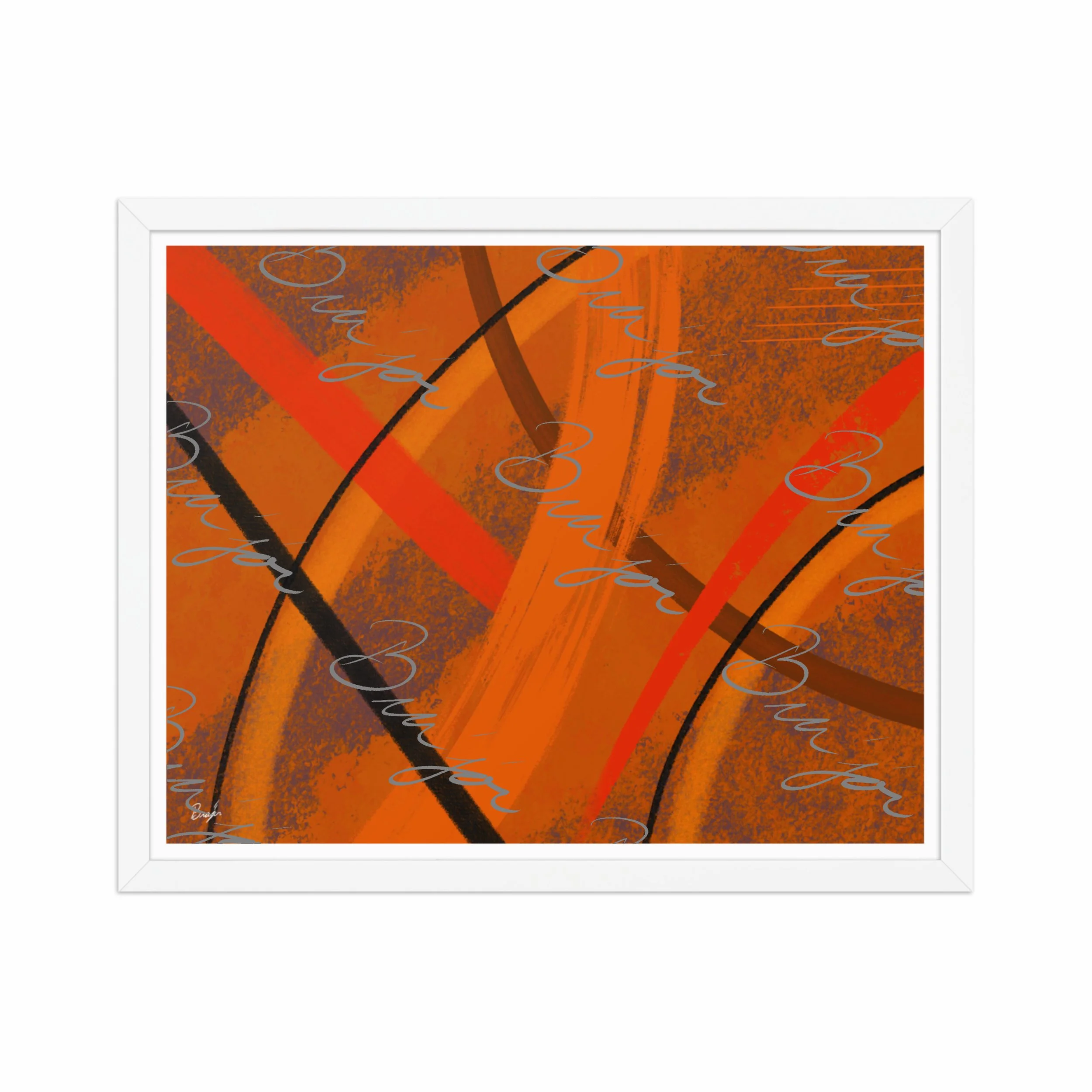16x20 White Framed Abstract artwork titled Challenges designed by the digital abstract artist Bra'jor. Artwork includes the colors Orange, Brown, Blue, and Black