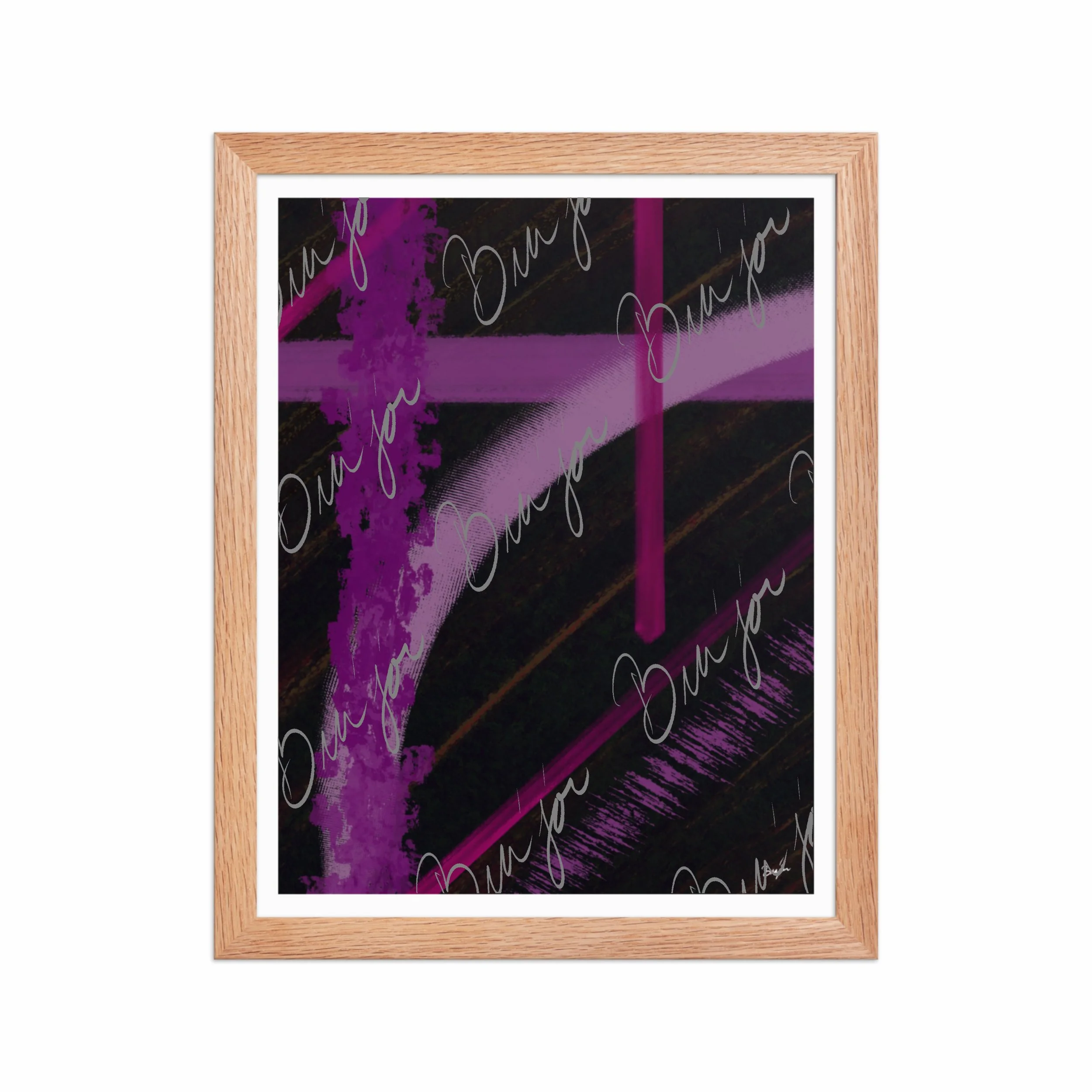 11x14 Red Oak Framed Abstract artwork titled Be Soft designed by the digital abstract artist Bra'jor. Artwork includes the colors Purple, Lavender, Pink, Orange, and Black