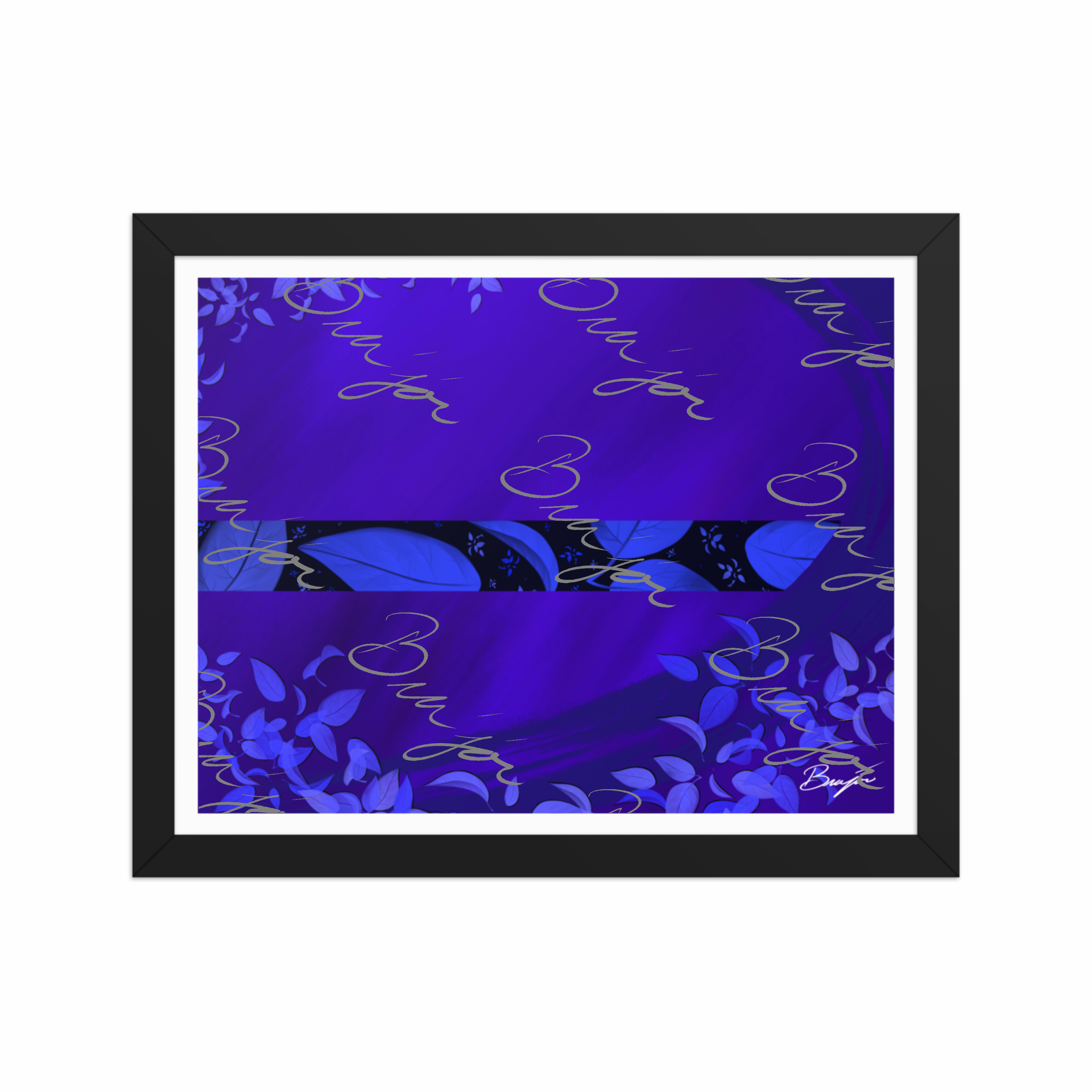 11x14 Black Framed abstract artwork titled A Moment designed by the digital abstract artist Bra'jor. Artwork includes the colors Blue, Black, and Purple