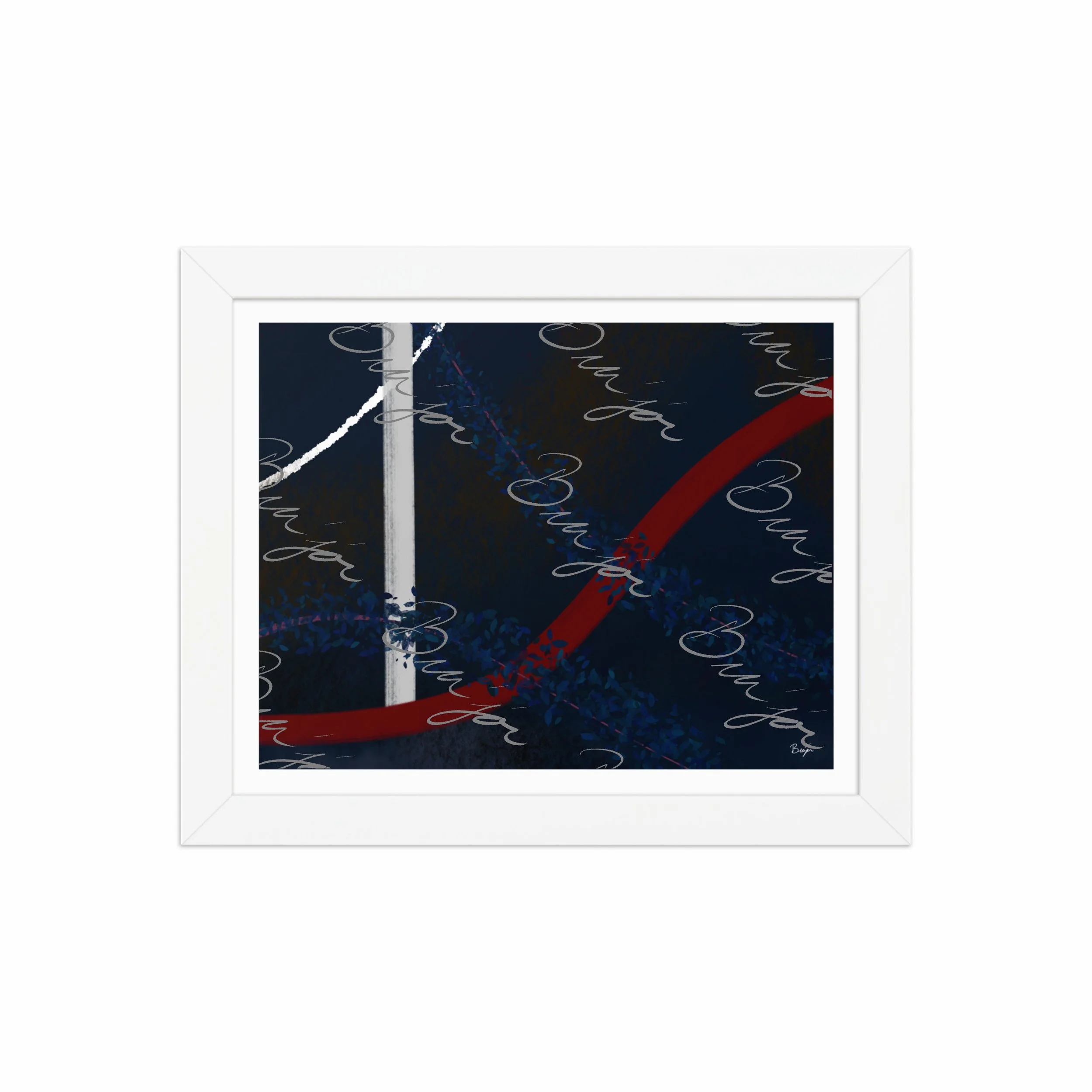 8x10 White Framed abstract artwork titled Gloomy II designed by the digital abstract artist Bra'jor. Artwork includes the colors Blue, Red, White, Pink, and Black