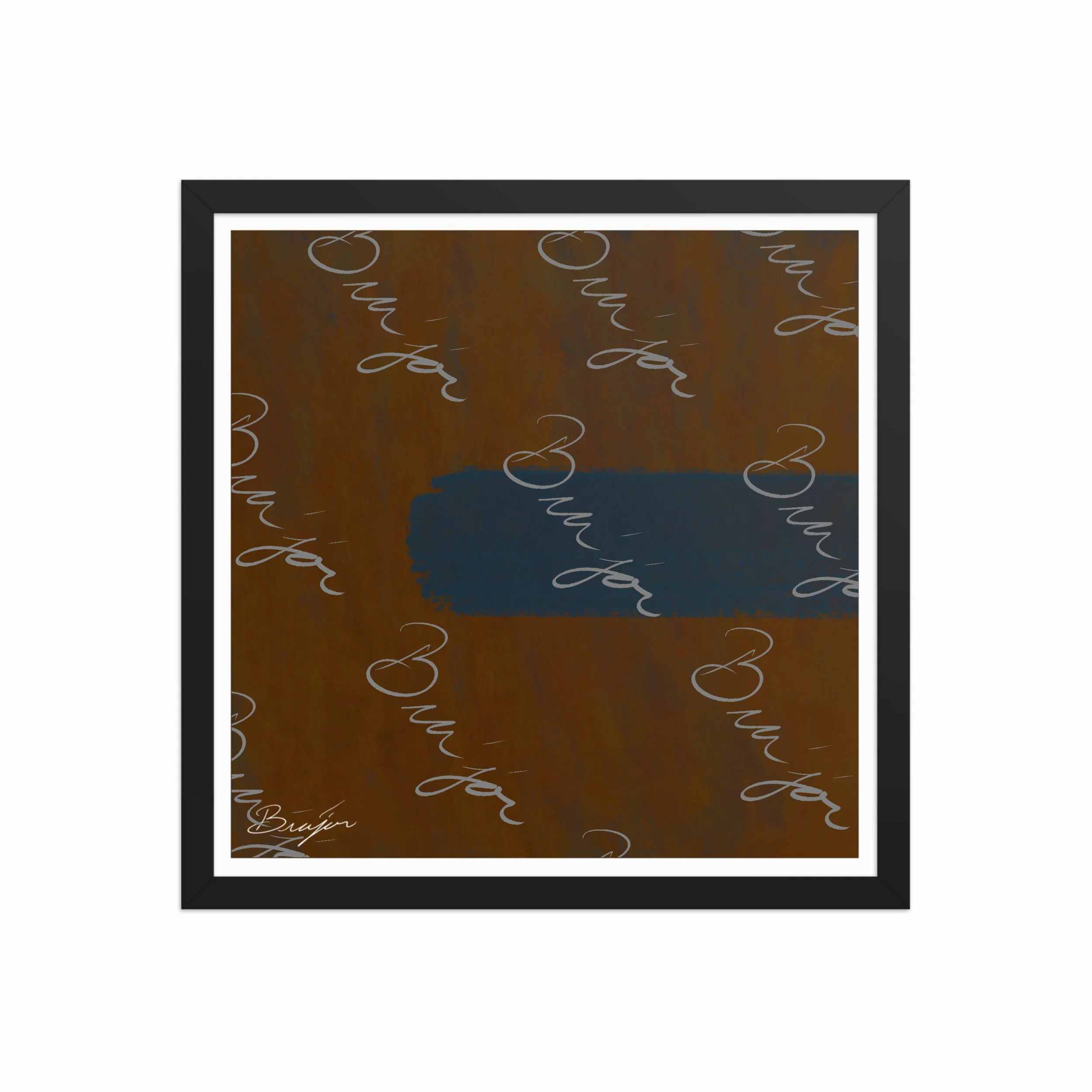 16x16 Black Framed Abstract artwork titled Distraction designed by the digital abstract artist Bra'jor. Artwork includes the colors Brown, Blue, and Orange