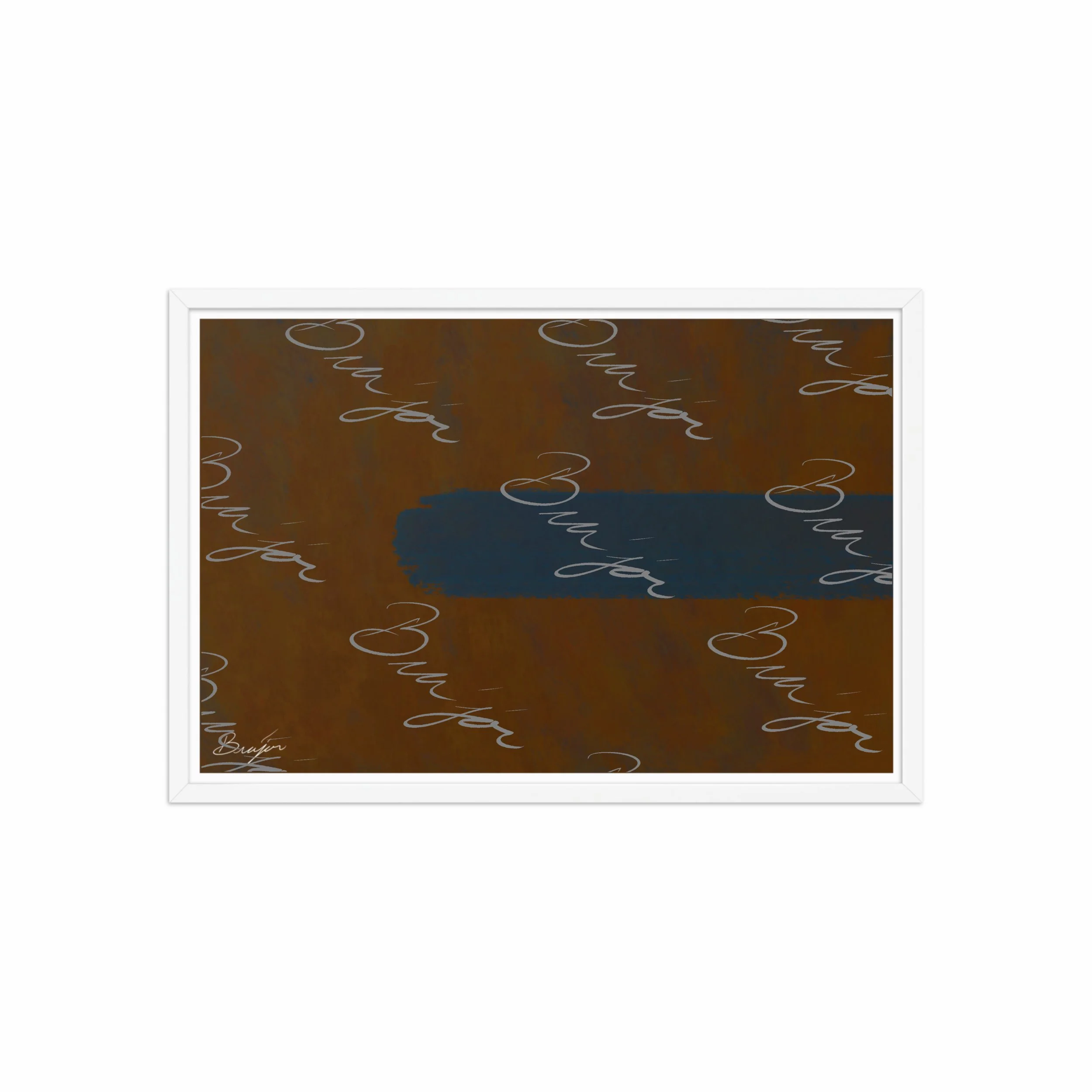 20x30 White Framed Abstract artwork titled Distraction designed by the digital abstract artist Bra'jor. Artwork includes the colors Brown, Blue, and Orange