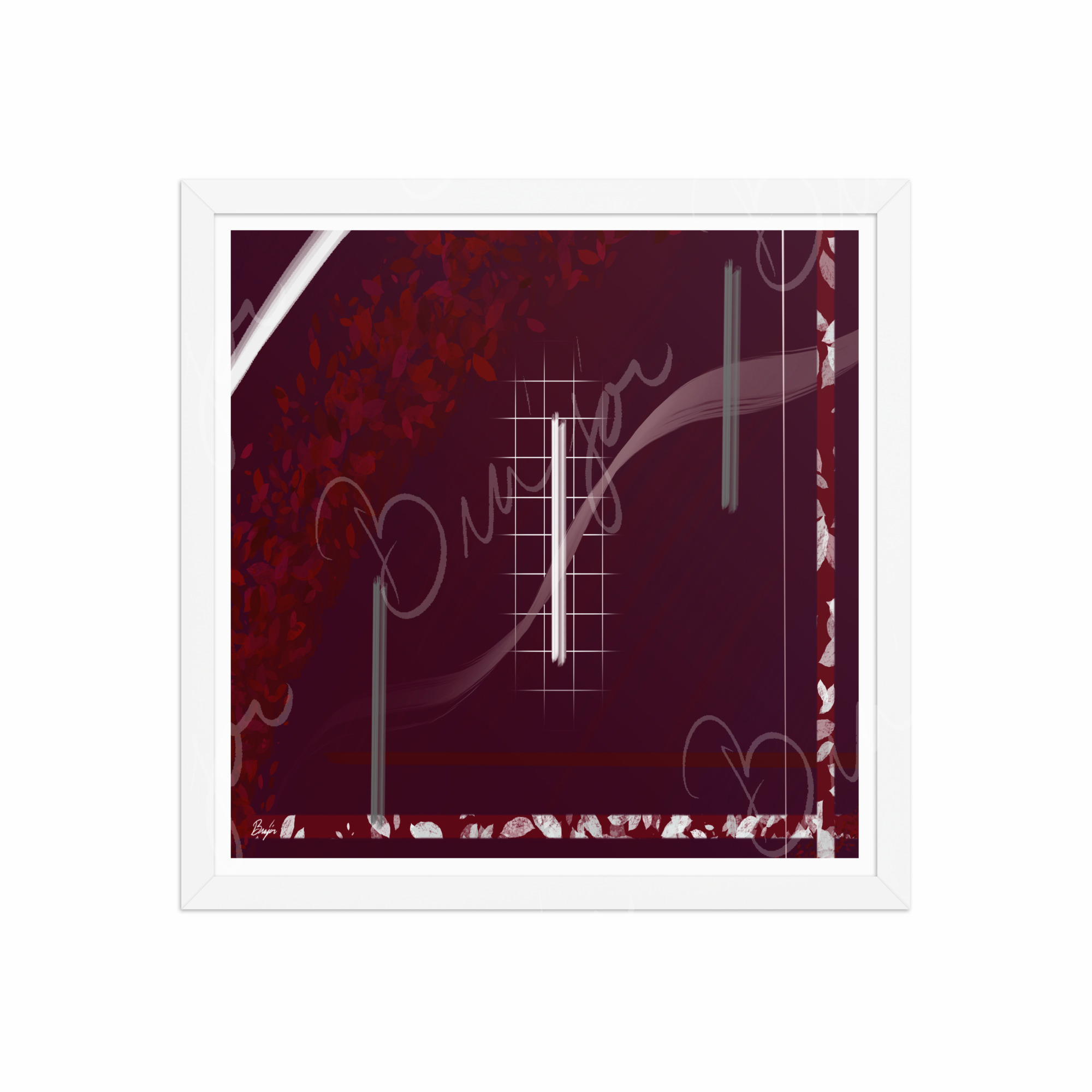 16x16 White Framed Abstract artwork titled Shine designed by the digital abstract artist Bra'jor. Artwork includes the colors Red, Gray, Maroon, White, and Soft Pink