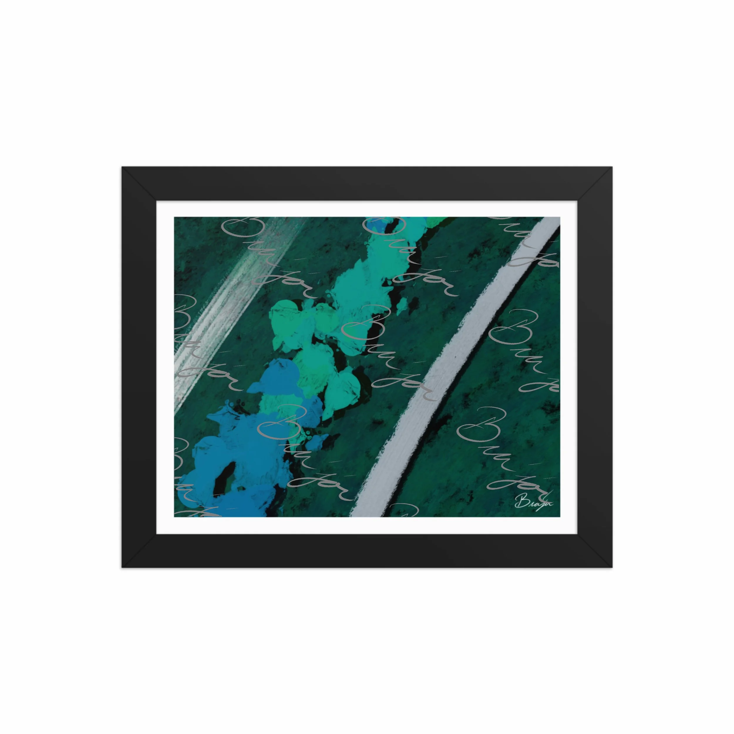 8x10 Black Framed abstract artwork titled Breathe designed by the digital abstract artist Bra'jor. Artwork includes the colors Green, Blue, Black, and White
