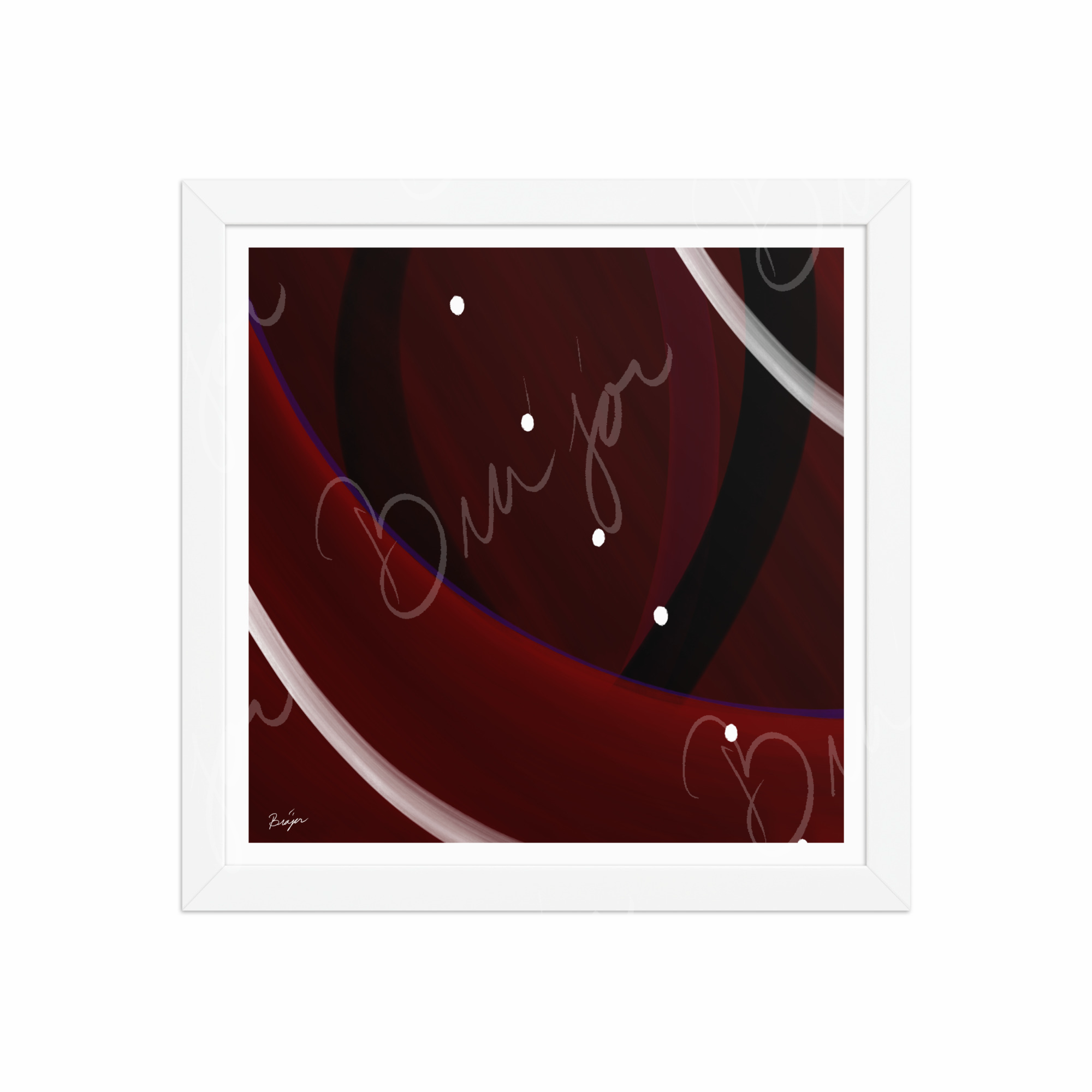 12x12 White  Framed Abstract artwork titled Trail Back designed by the digital abstract artist Bra'jor. Artwork includes the colors Red, Black, Purple, and White