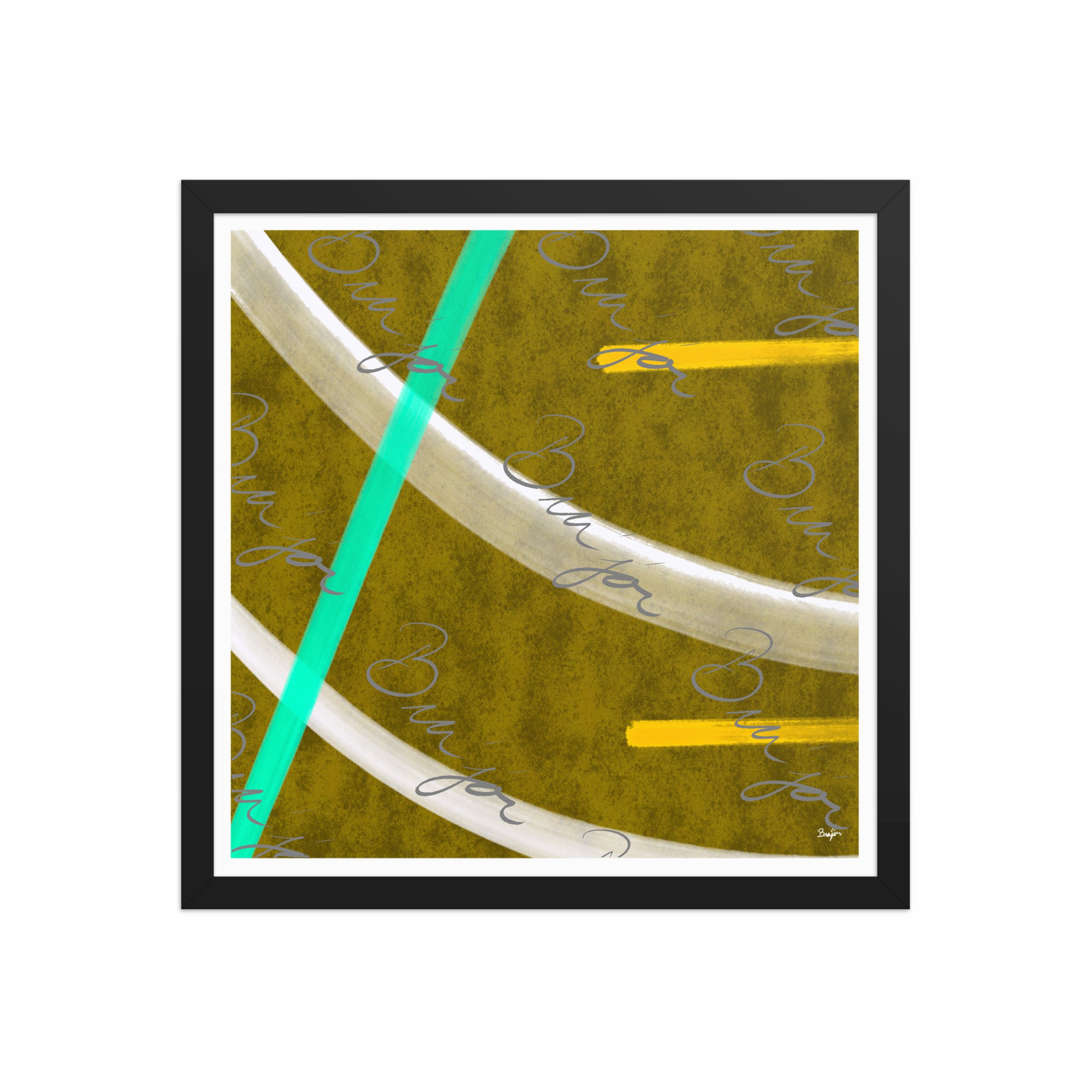 16x16 Black Framed Abstract artwork titled Hushed designed by the digital abstract artist Bra'jor. Artwork includes the colors Orange, Yellow, White, and Blue